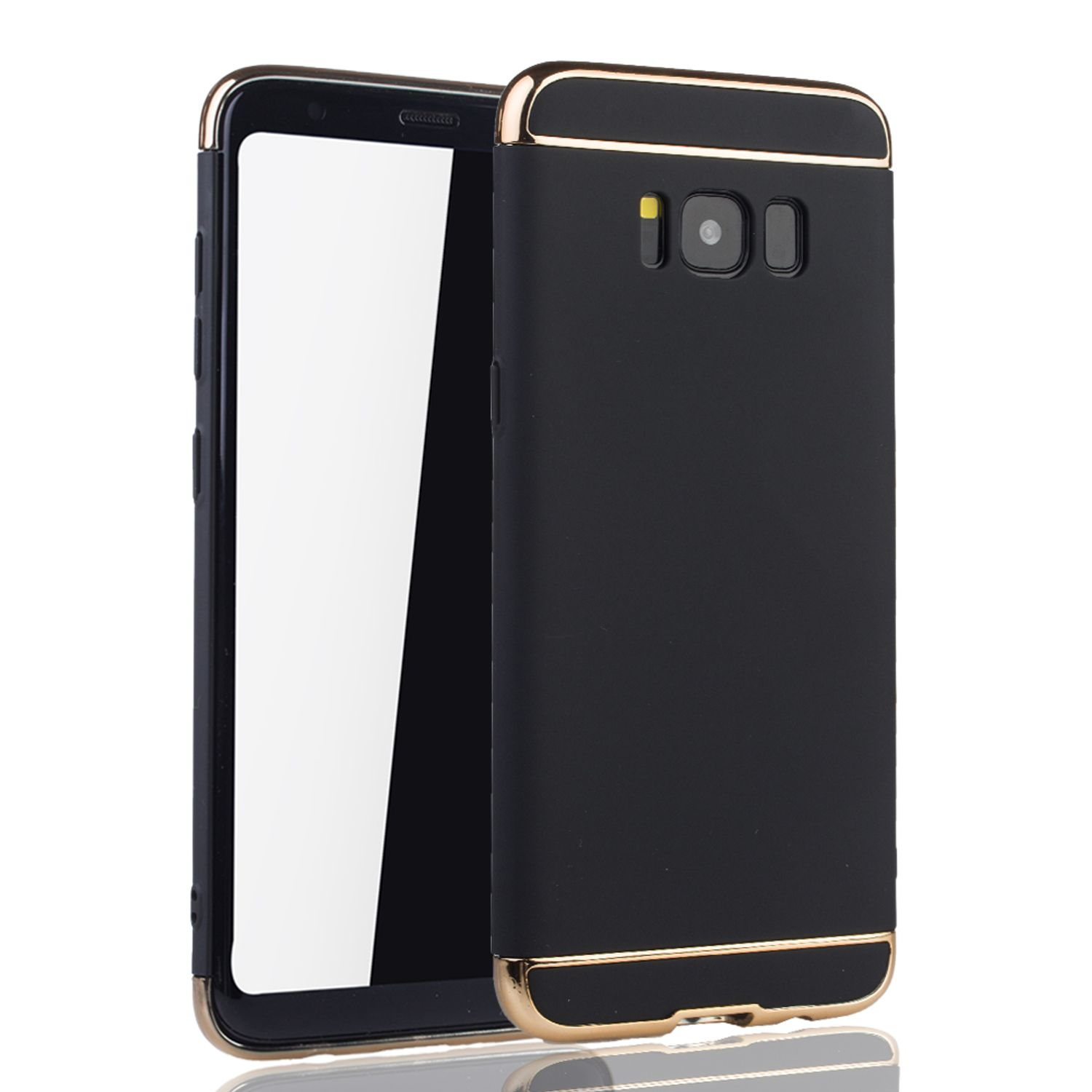 Schwarze Handyhülle mit goldenen Zierleisten auf weißem Hintergrund. Telefonbildschirm sichtbar, Telefon rechts.