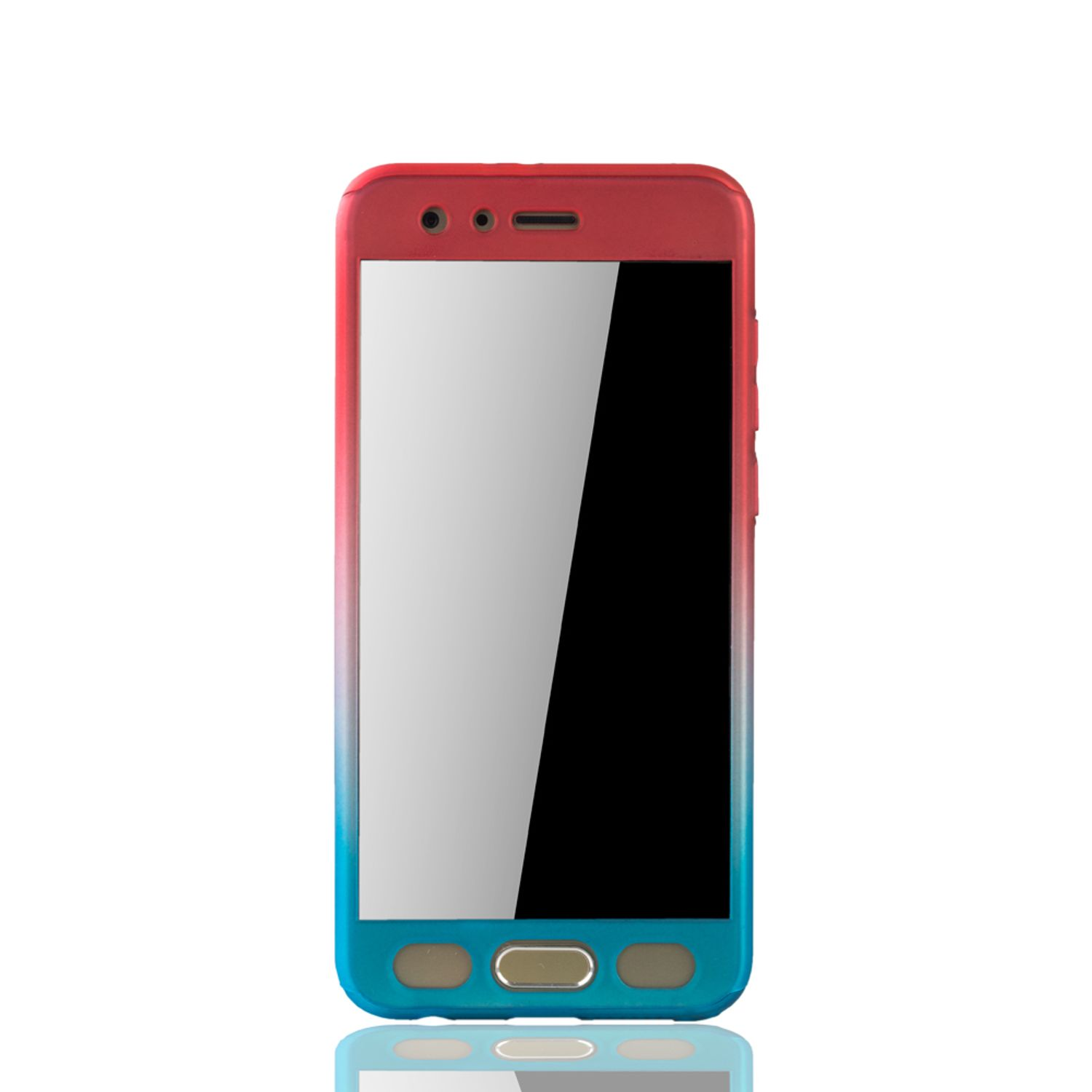Telefon in roter und blauer Hülle. Weißer Bildschirm und Hintergrund.