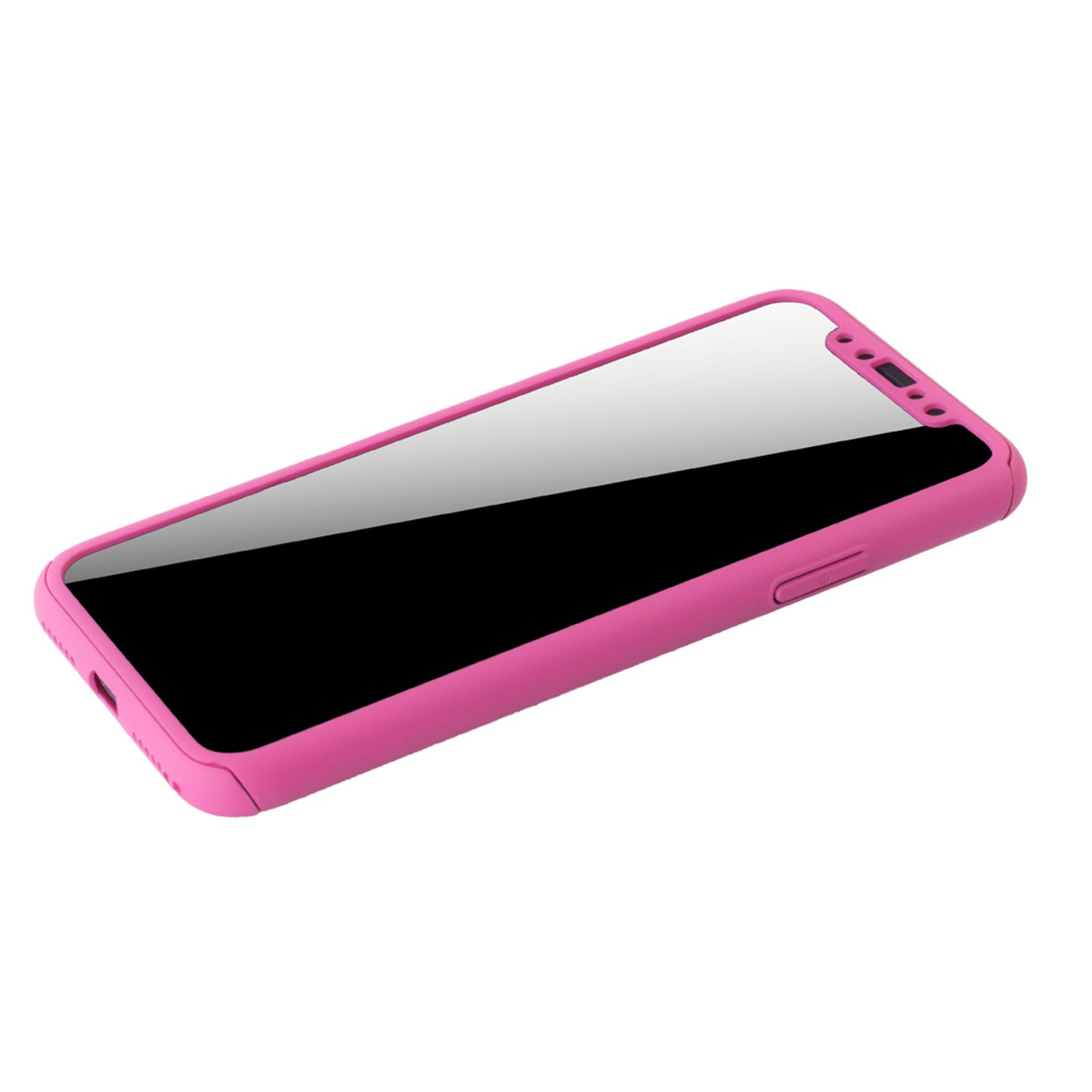 Rosa Telefon. Der Bildschirm ist schwarz. Das Telefon ist in einer rosa Hülle.