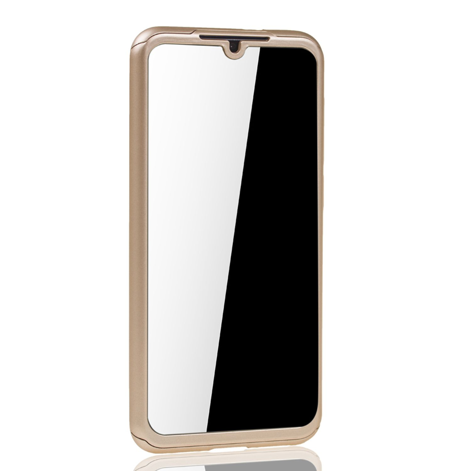 Ein Telefon mit Displayschutz. Das Telefon ist goldfarben und hat einen schwarzen Bildschirm.