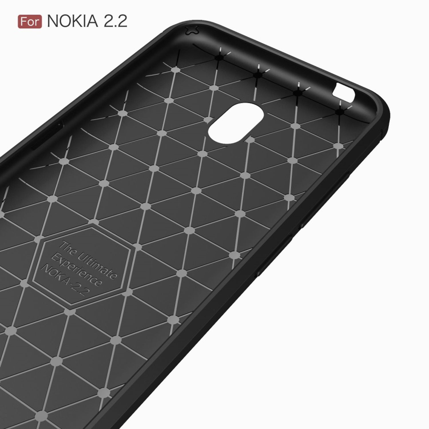 Schwarze Handyhülle für Nokia 2.2, mit Rautenmuster innen und Aussparungen für Kamera und Knöpfe.