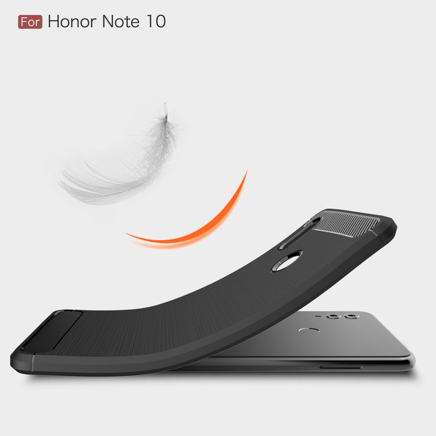 Honor Note 10 Handyhülle, schwarz mit Feder und orangefarbener Kurve, auf Oberfläche.