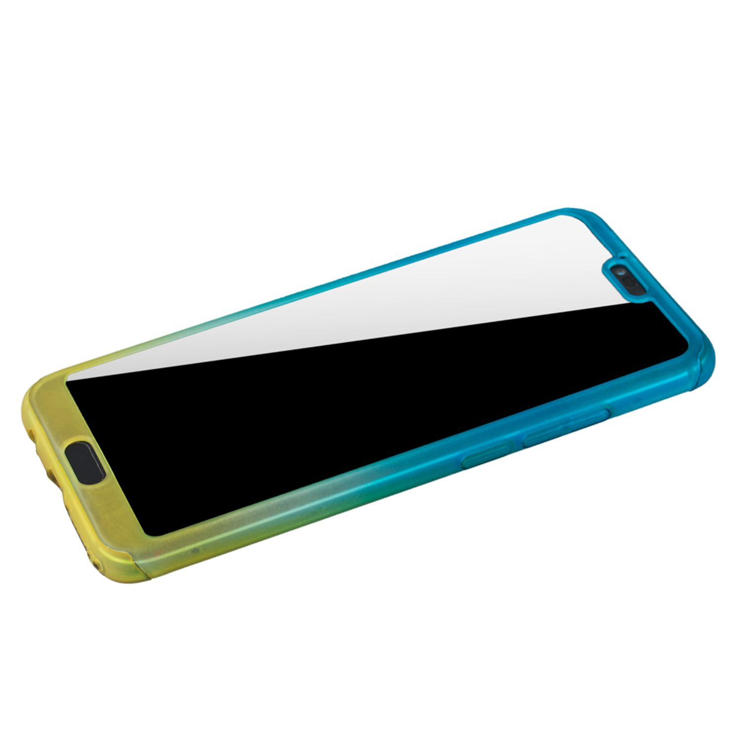 Telefon in einer Hülle, Gelb-Blau-Verläufe.