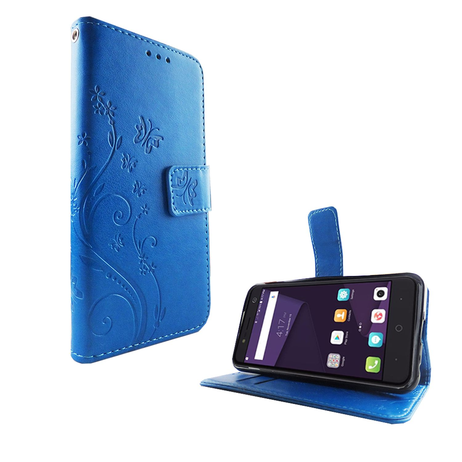 Blaue Handyhülle mit Blumendesign, hält ein schwarzes Handy. Der Bildschirm ist an.