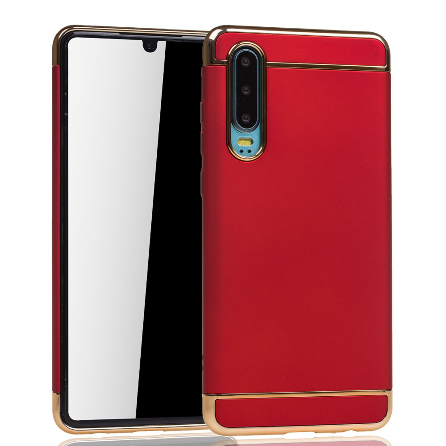 Rote Handyhülle mit Telefon darin. Das Telefon ist vertikal. Weißer Hintergrund.