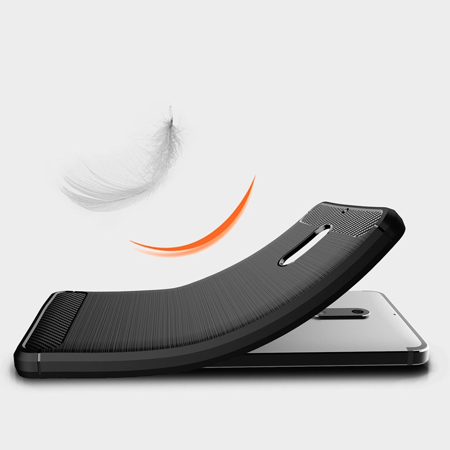 Schwarze Handyhülle mit Biegung. Federgrafik. Weißes Telefon, weißer Hintergrund.