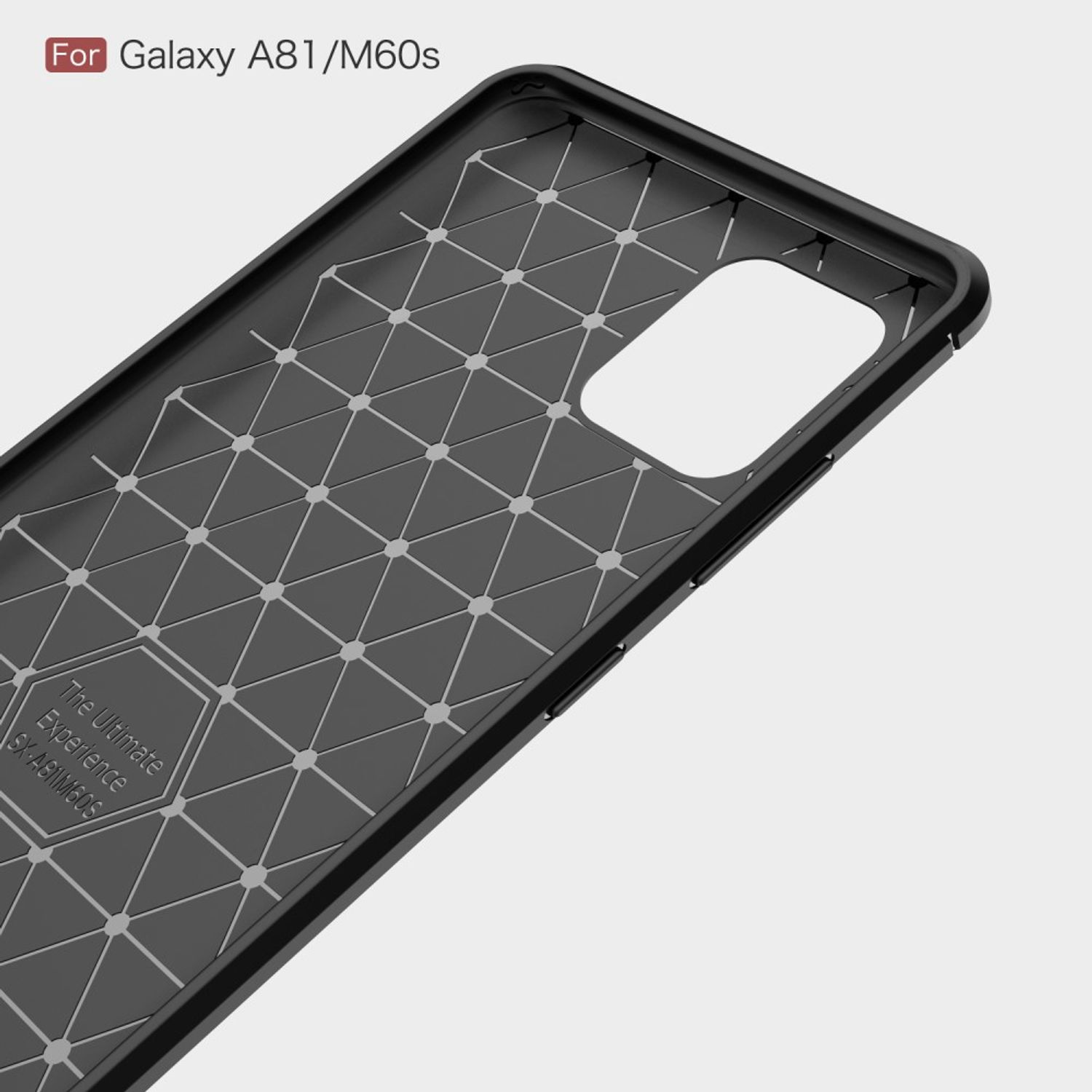 Schwarze Handyhülle, Innenraum mit geometrischem Design. Oben steht 'For Galaxy A81/M60s'.