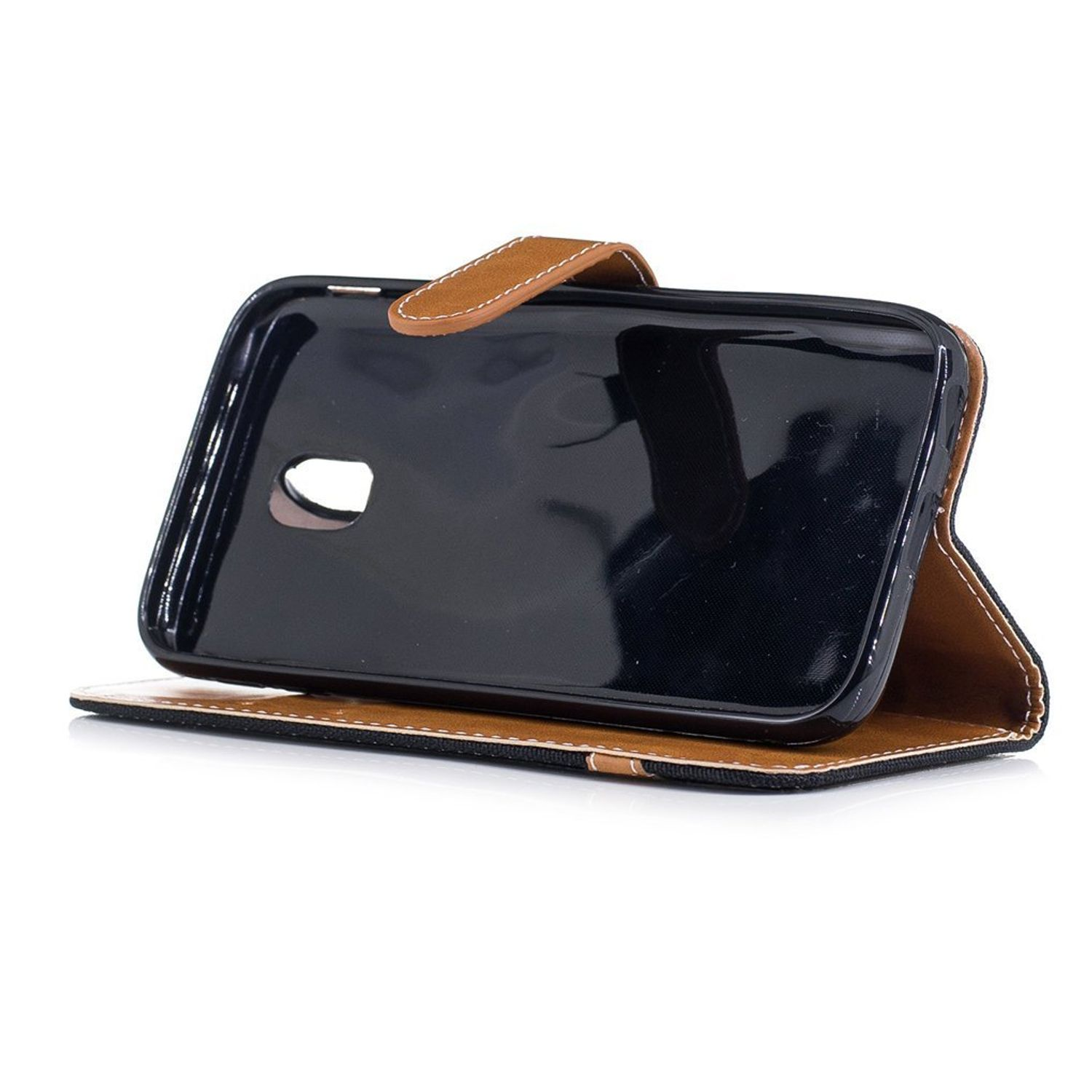 Schwarzes Telefon in einer braunen Leder-Brieftaschenhülle.