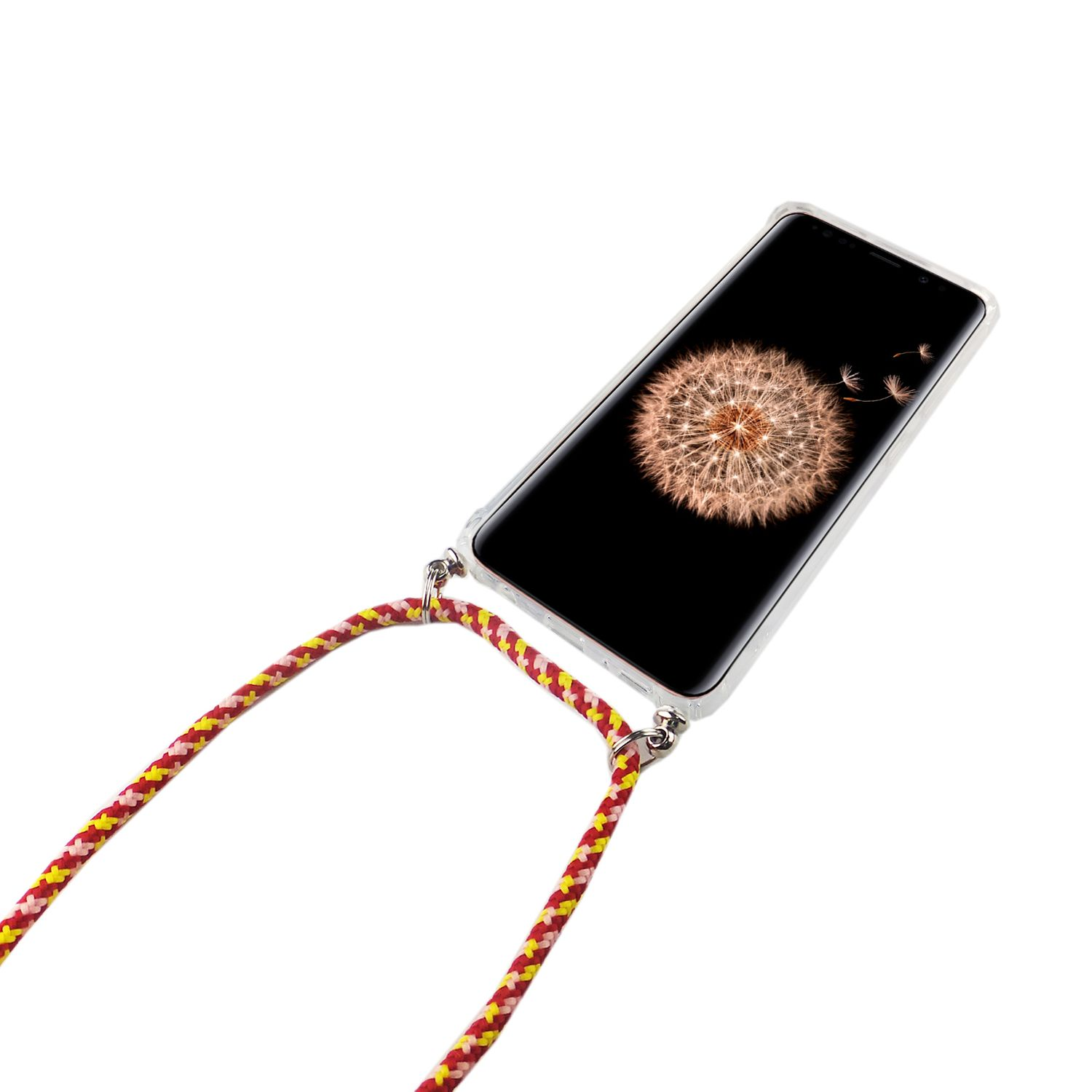 Ein Telefon mit transparentem Gehäuse und einem Schlüsselband. Der Bildschirm zeigt einen Pusteblumen-Samenkopf.