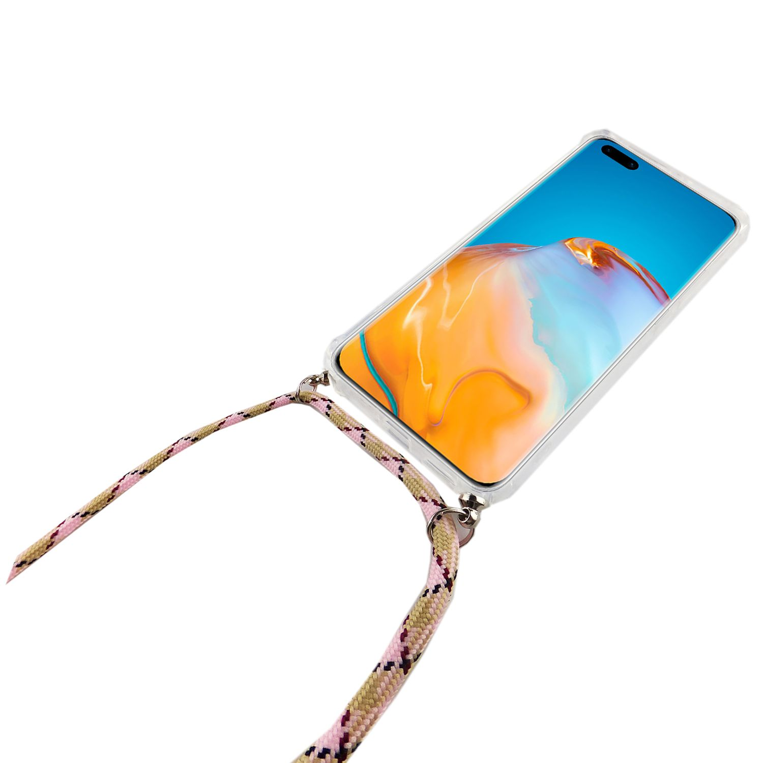 Ein Telefon mit einer transparenten Hülle, das an einem Seil hängt. Das Telefon zeigt einen blauen Bildschirm.