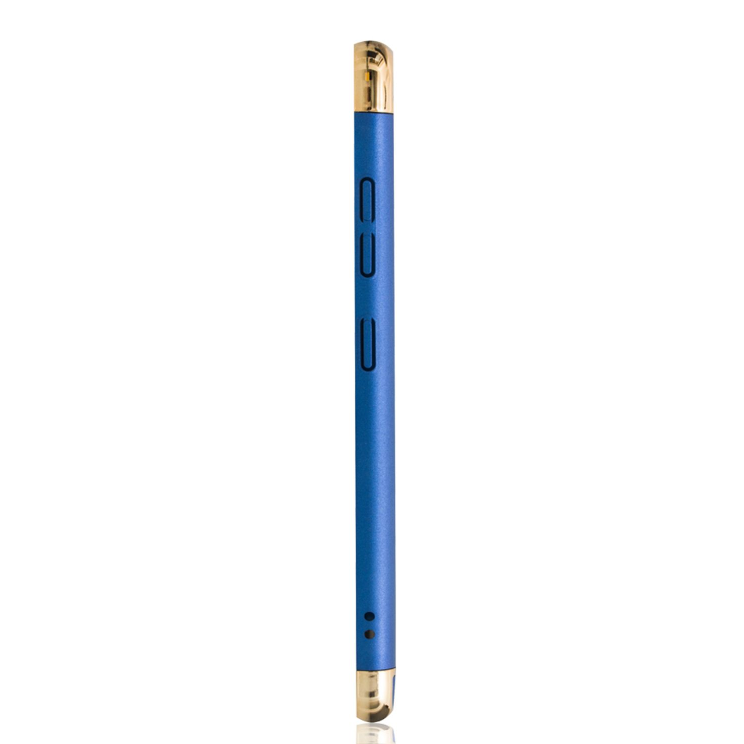 Blaue Telefon-Seitenansicht mit goldenen Enden. Knöpfe an der Seite. Weißer Hintergrund.