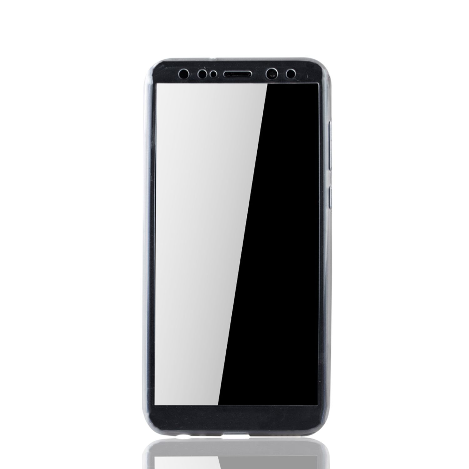 Schwarzes Telefon mit weißem Bildschirm, mit einer transparenten Hülle und seiner Reflexion unten.