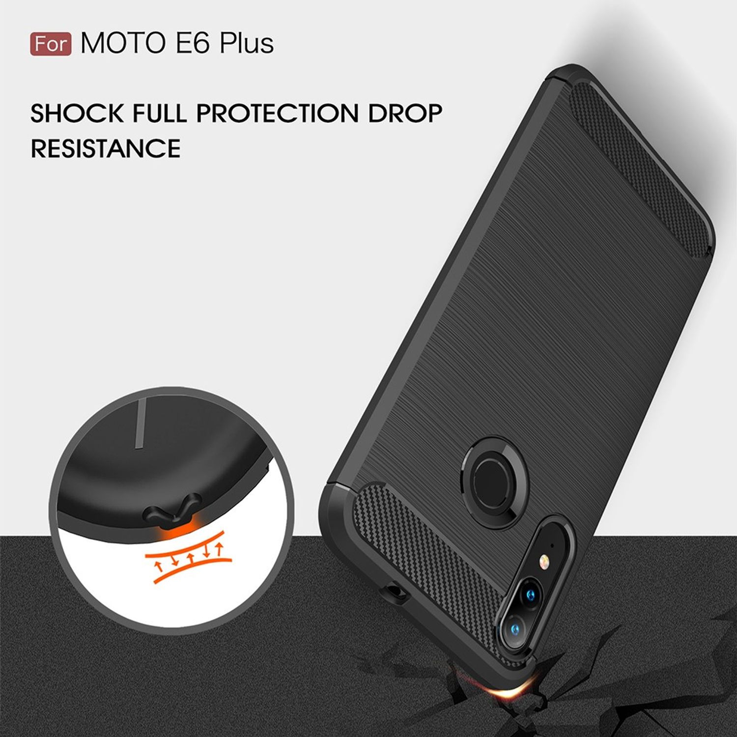 Schwarze Handyhülle mit Text und Grafik. Text lautet: "SHOCK FULL PROTECTION DROP RESISTANCE".