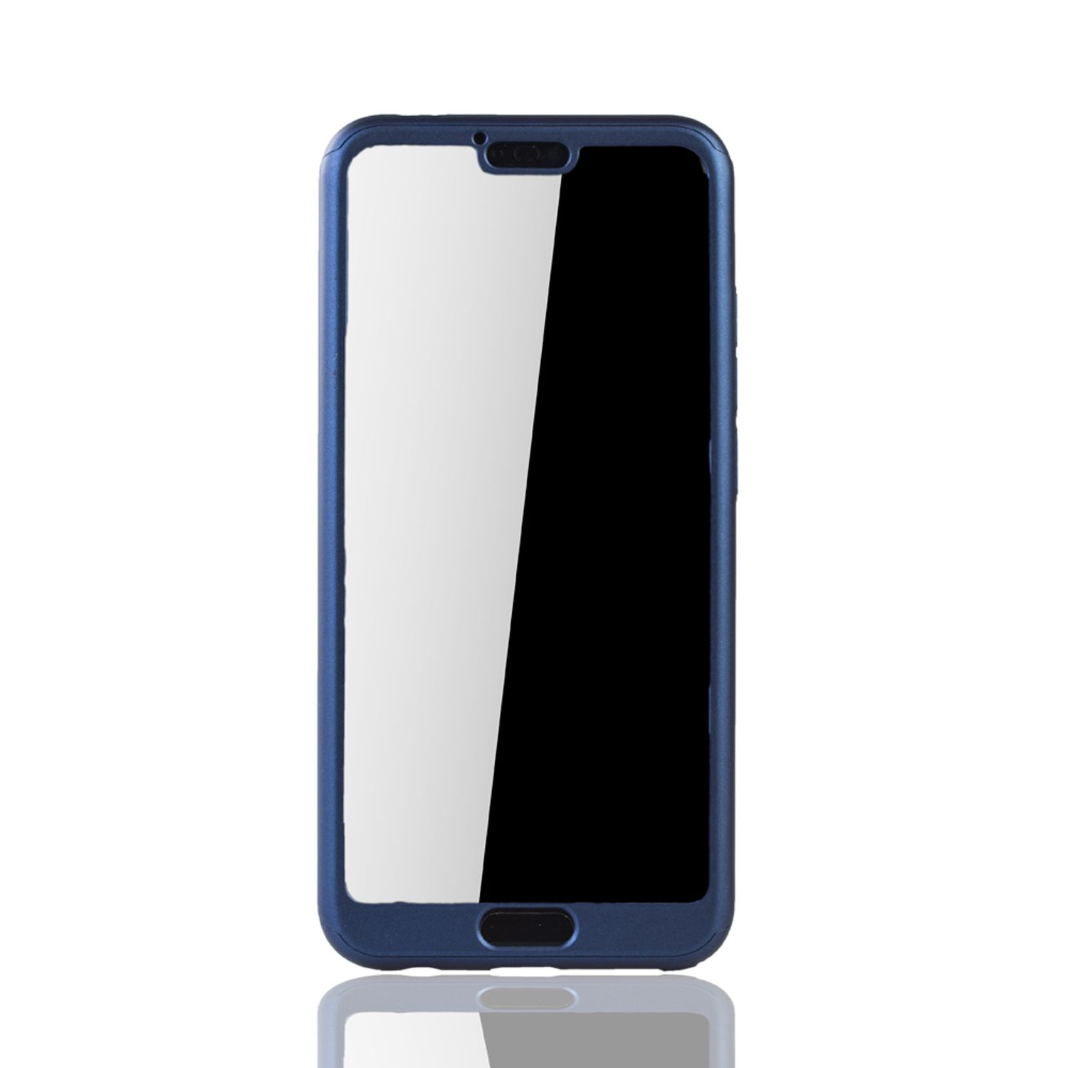 Blaue Handyhülle mit Telefon. Telefonbildschirm sichtbar. Weißer Hintergrund.