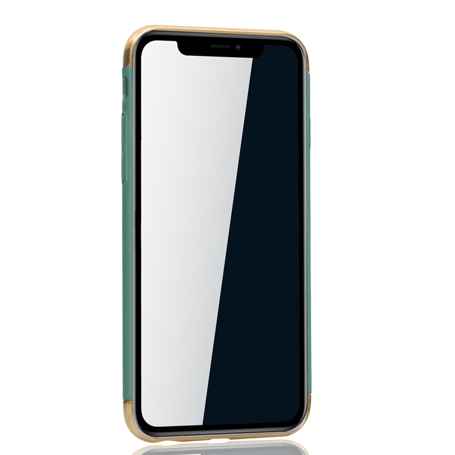 Ein Telefon in einer Hülle mit goldenem Rahmen und weißem Bildschirm. Der Hintergrund ist weiß.