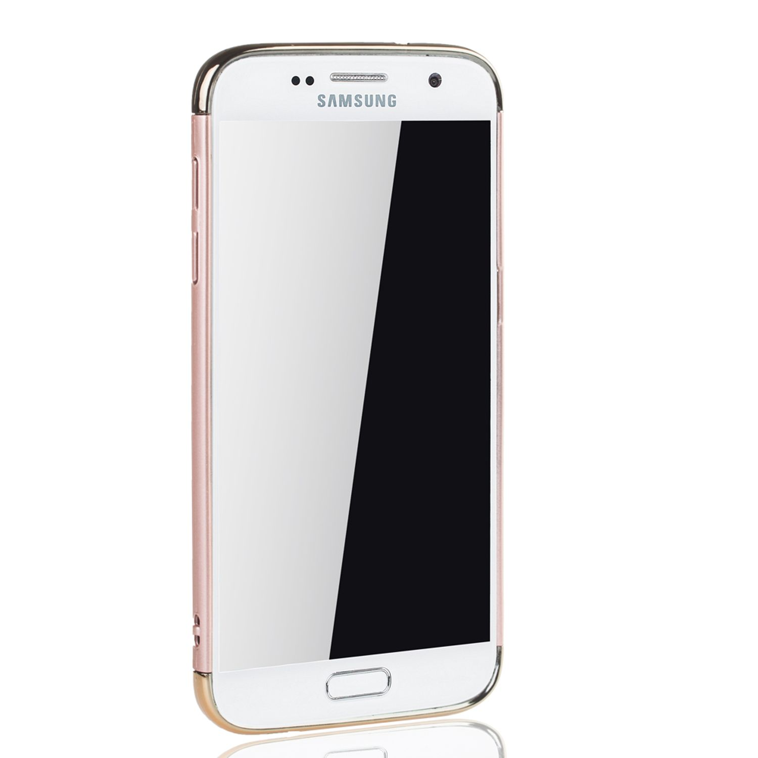 Roségoldenes Telefon auf weißem Hintergrund, mit Samsung-Logo.