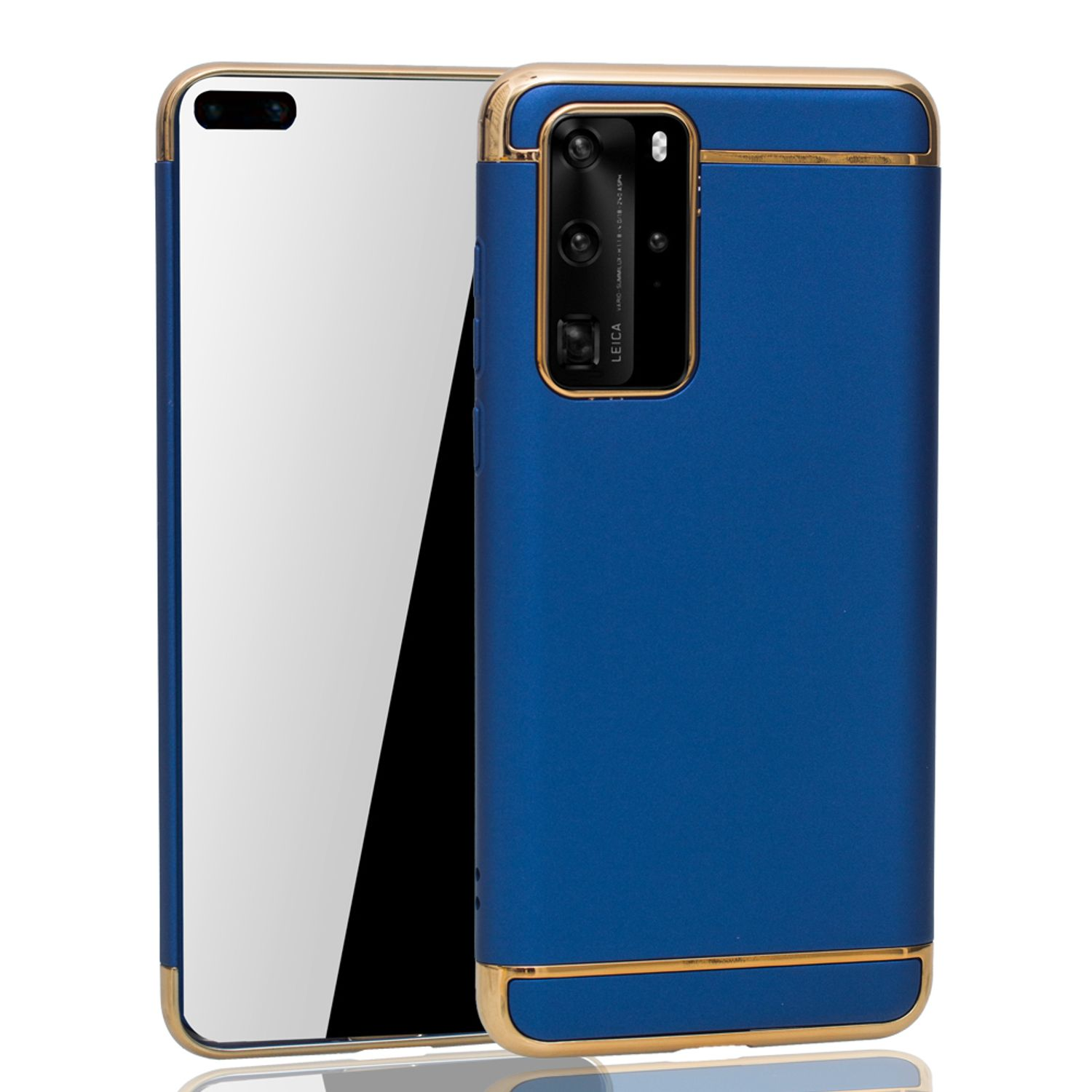 Blaue Handyhülle mit goldenen Akzenten und einem Telefon darin. Das Telefon hat eine Dreifachkamera.