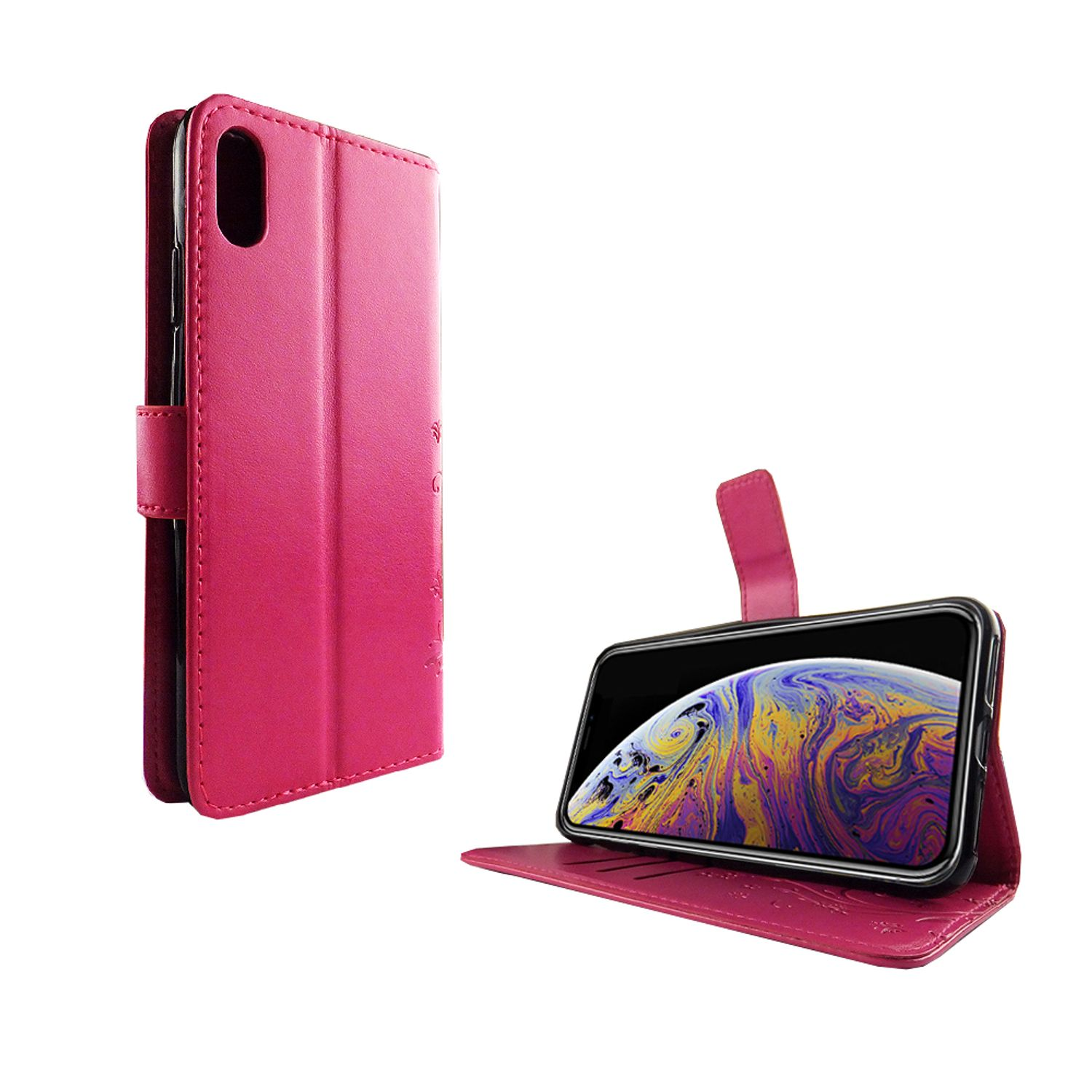 Eine rosa Handyhülle mit einem Telefon darin, offen. Hülle und Telefon auf Weiß.