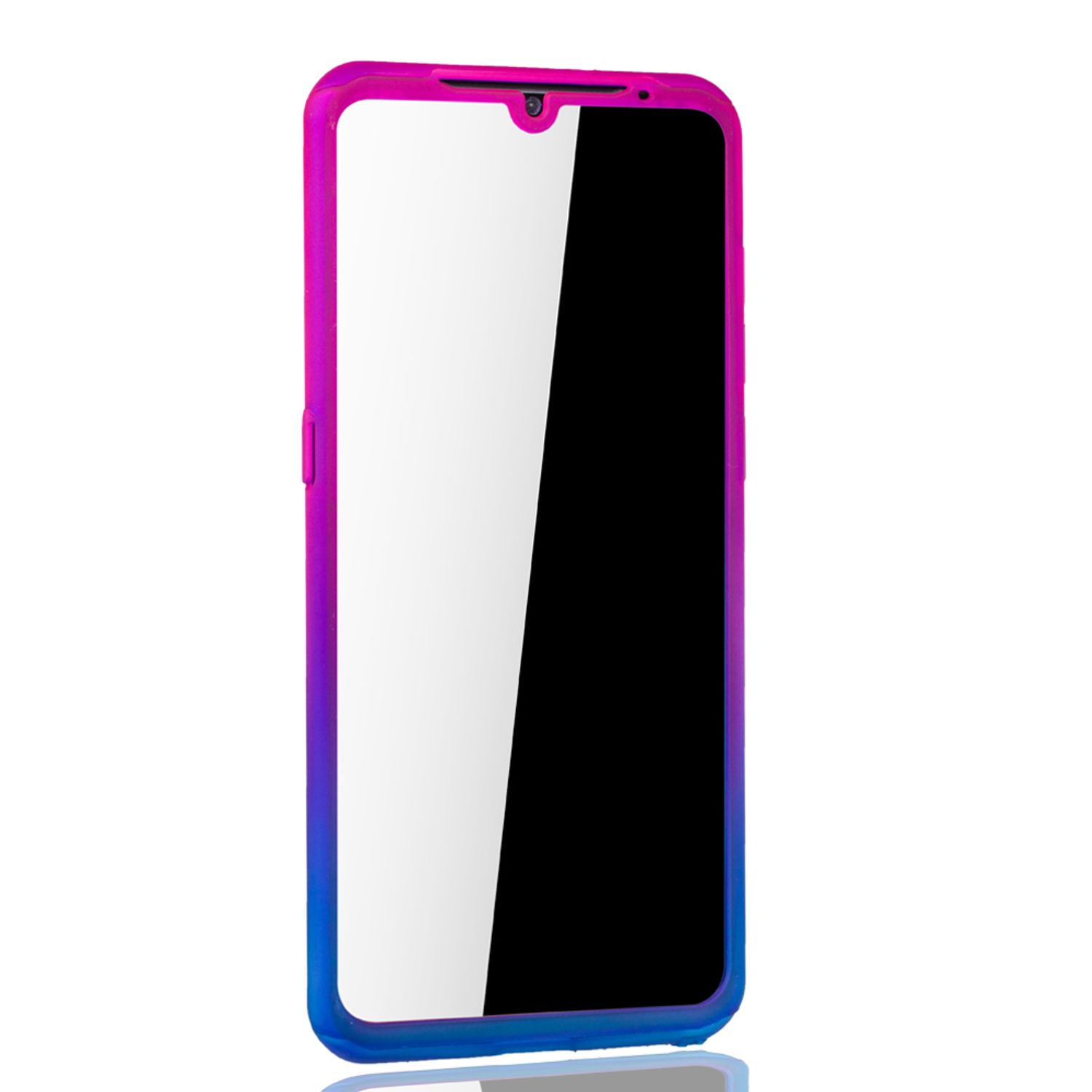 Smartphone mit pink-lila Farbverlauf-Hülle. Schwarzer Bildschirm, weißer Hintergrund.
