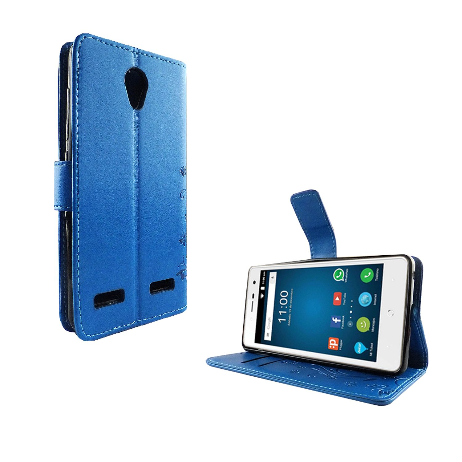 Offene blaue Handyhülle mit Telefon. Weißer Hintergrund.