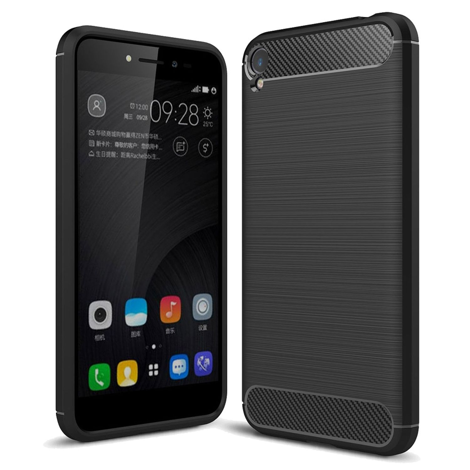 Zwei Smartphones auf einer weißen Oberfläche. Eines zeigt den Bildschirm, das andere die Rückseite.