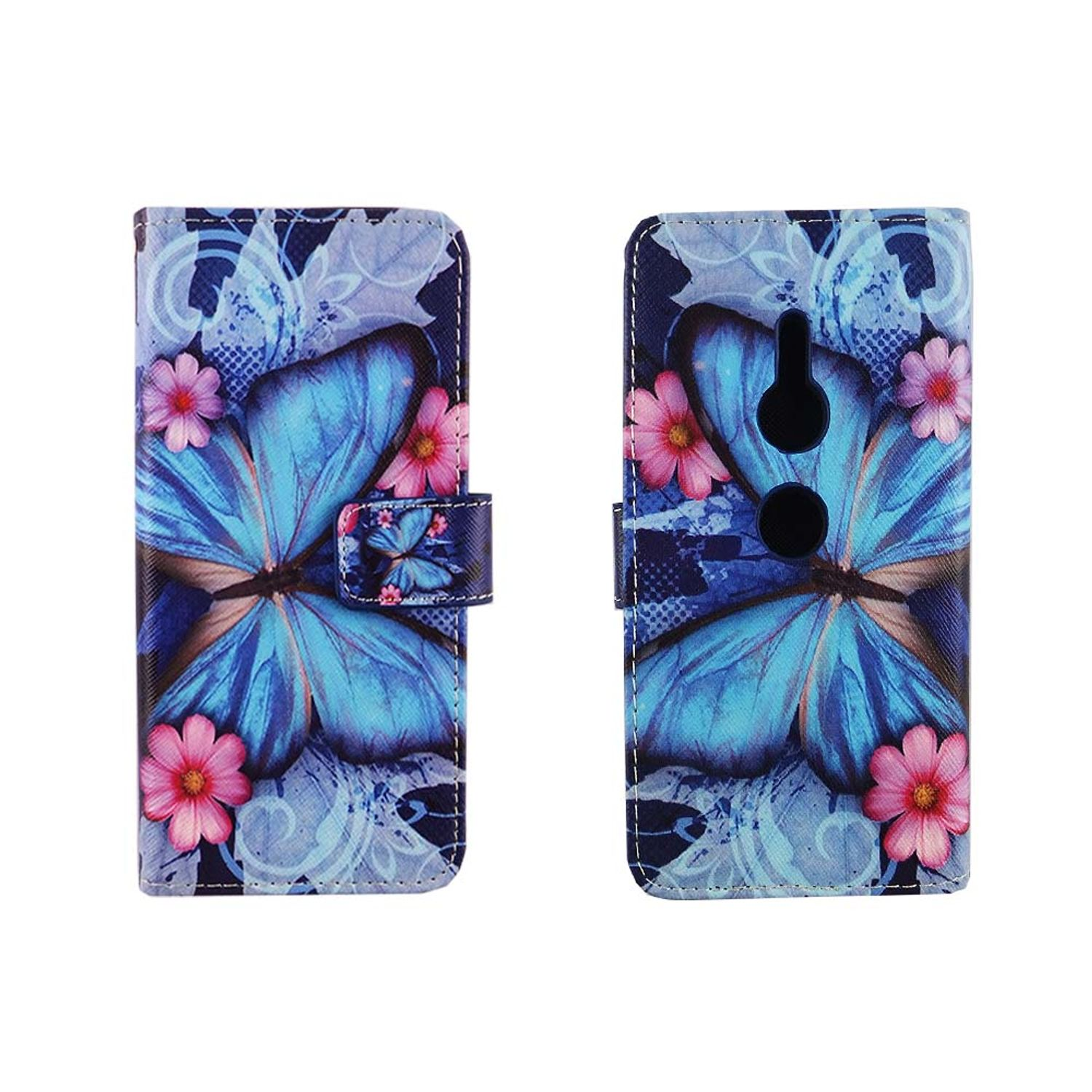 Blaue Handyhülle mit Schmetterlingsdesign und rosa Blumen.