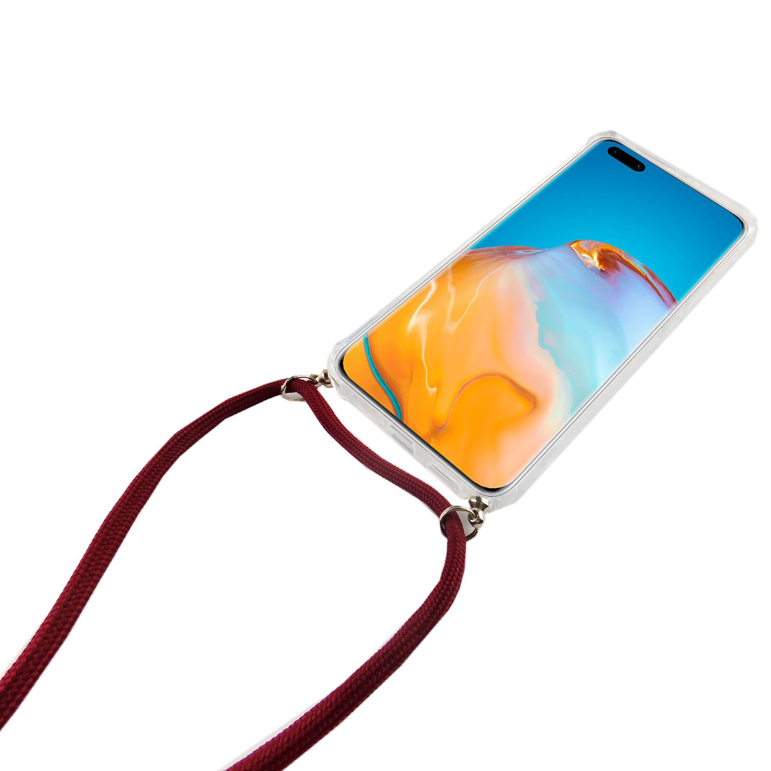 Telefon mit Lanyard und weißer Hülle. Der Bildschirm zeigt farbenfrohes Bild.