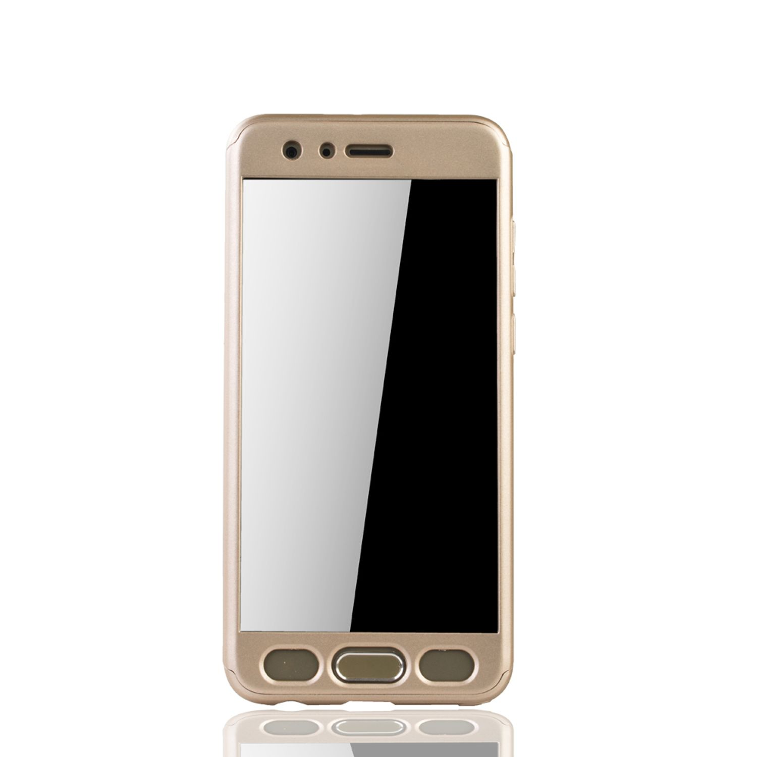 Goldenes Telefon in einer goldenen Hülle, auf weißem Hintergrund. Der Bildschirm ist beleuchtet.