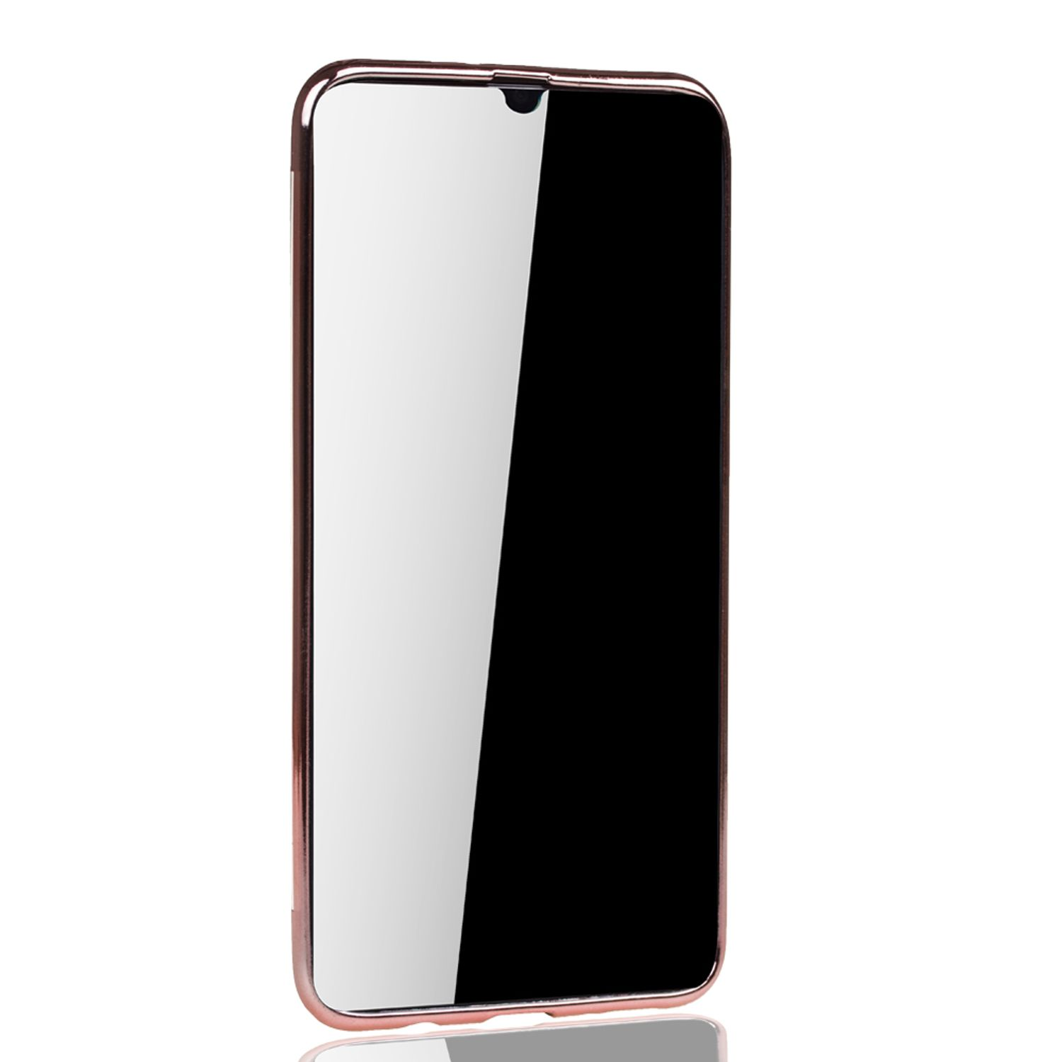Roségoldenes Telefon mit schwarzem Bildschirm, aufrecht stehend. Weißer Hintergrund.