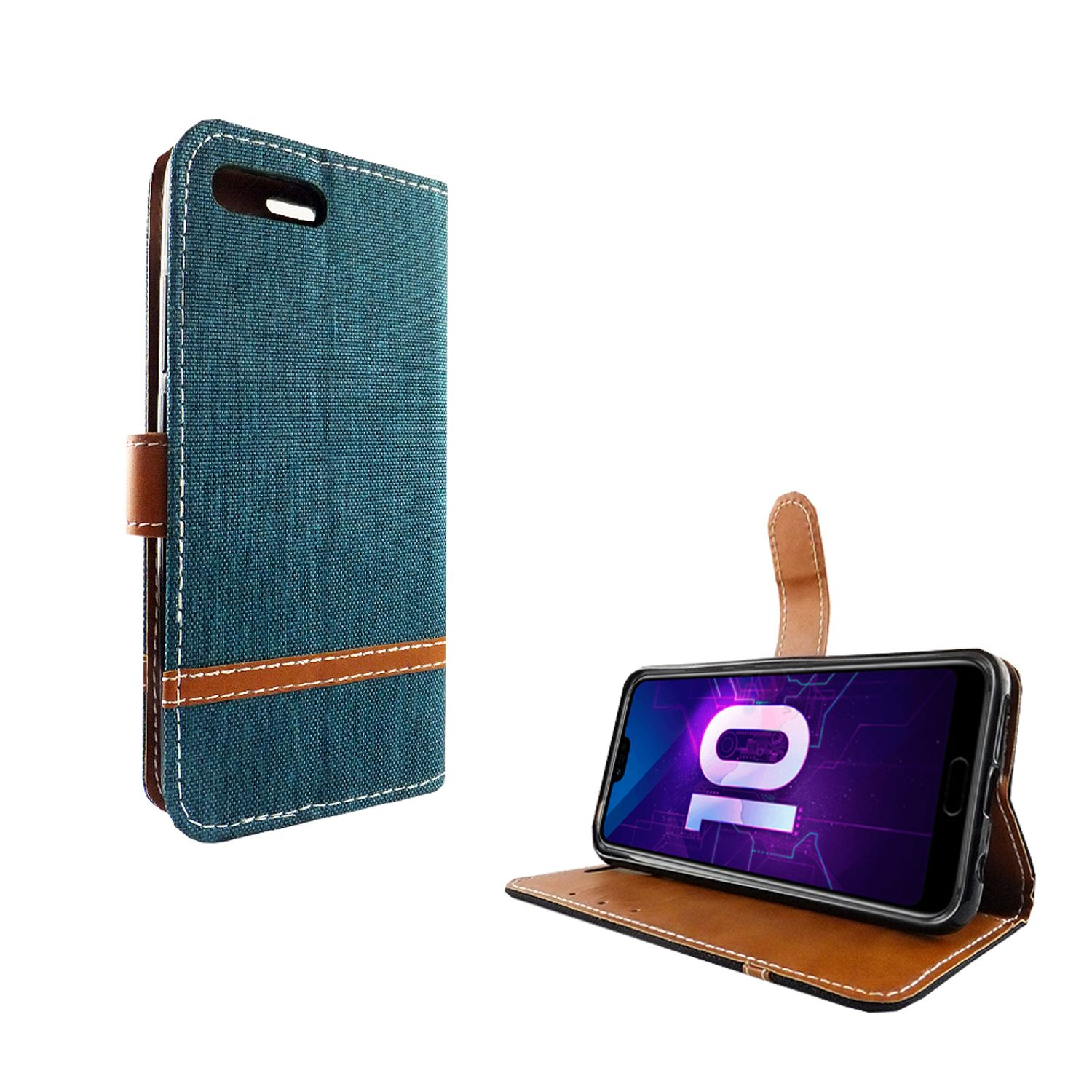 Blaue Handyhülle mit braunen Akzenten und einem Telefon, das die Nummer '10' anzeigt.