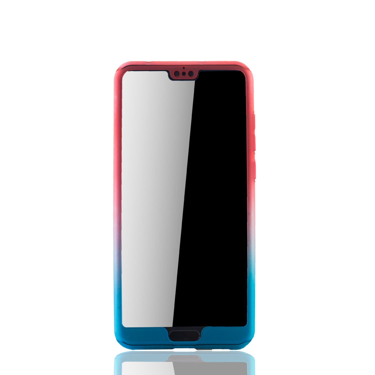Ein Telefon mit rot-blauem Farbverlauf, der Bildschirm ist schwarz.
