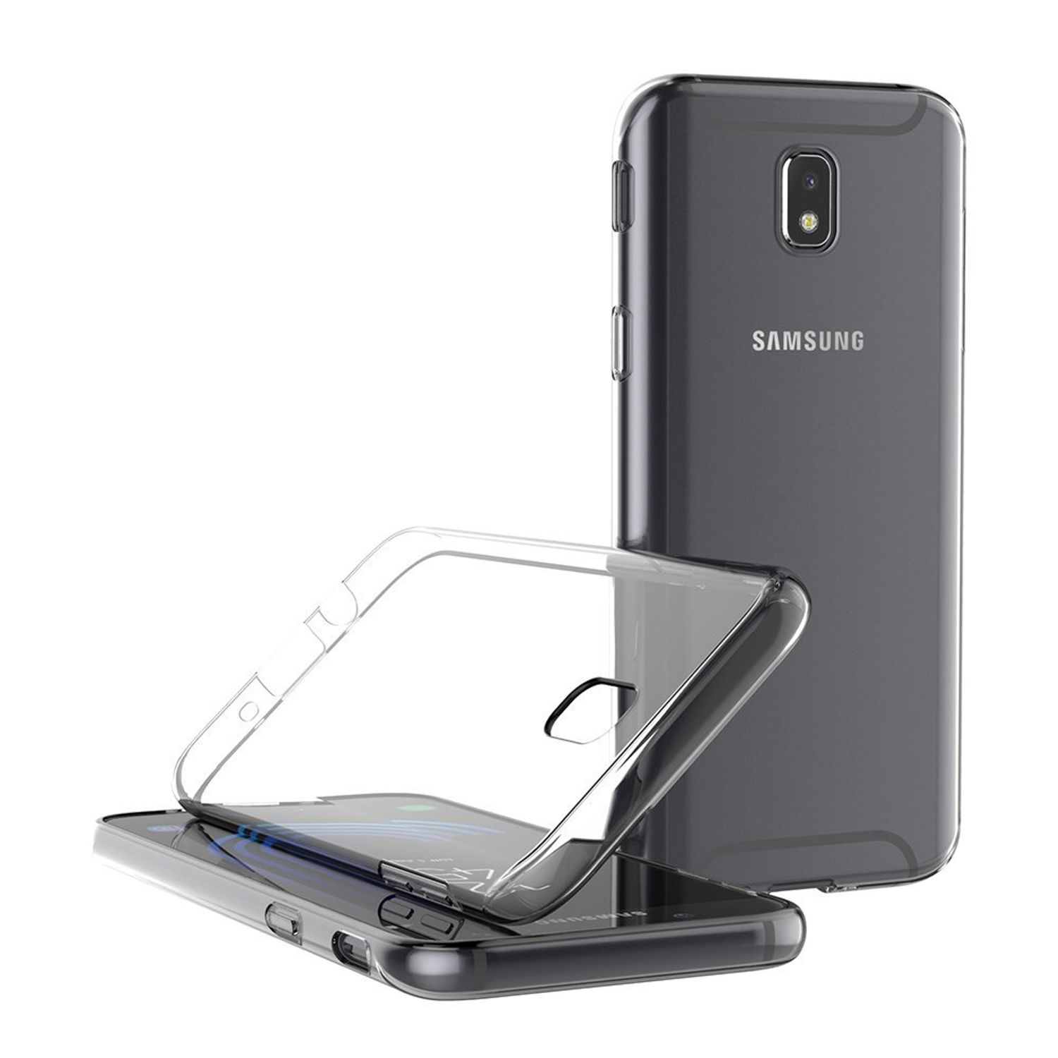 Transparente Handyhülle auf einem Telefon. Eine weitere Hülle steht dahinter. Beide sind transparent.