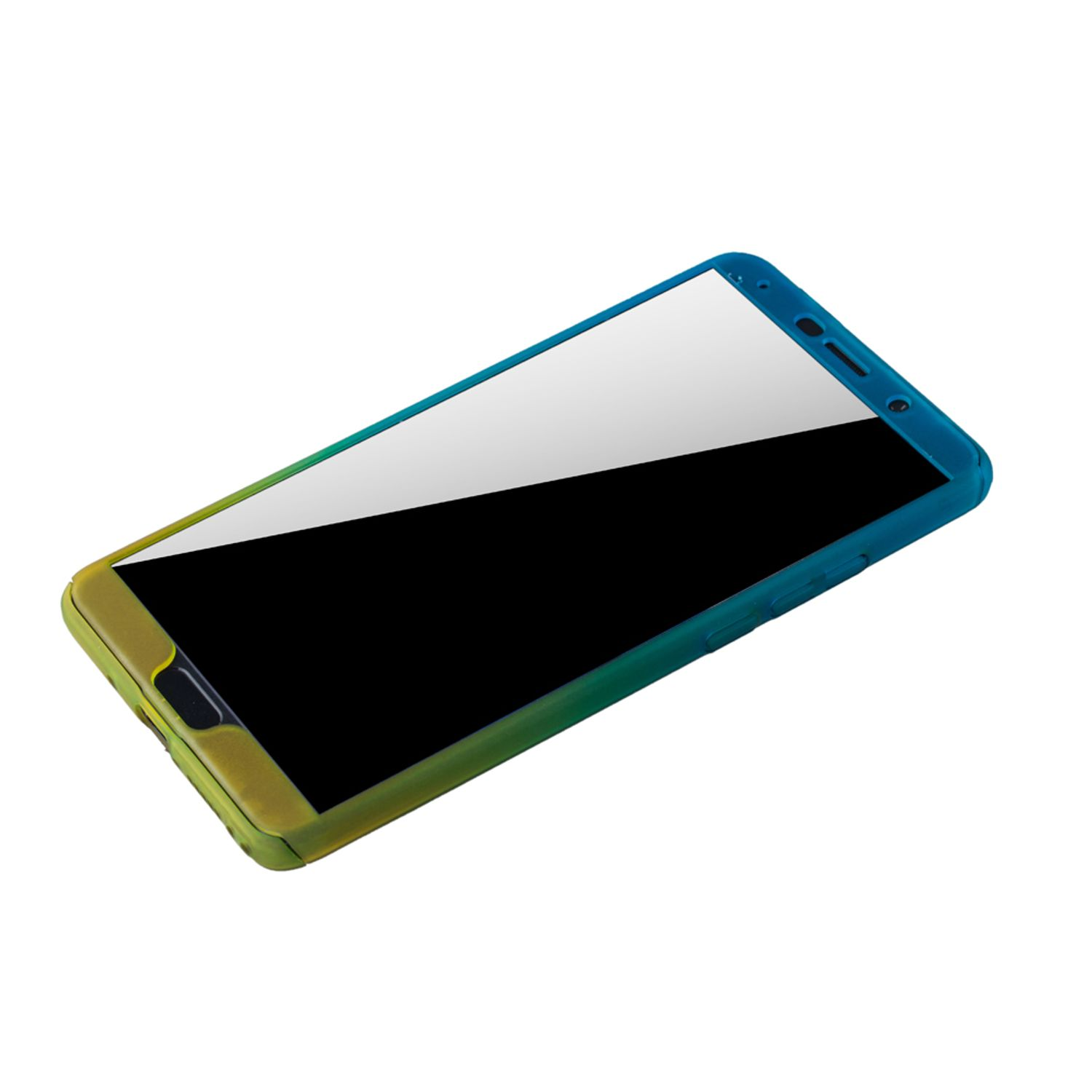 Blau-grün-gelbe Handyhülle mit sichtbarem Telefonbildschirm.