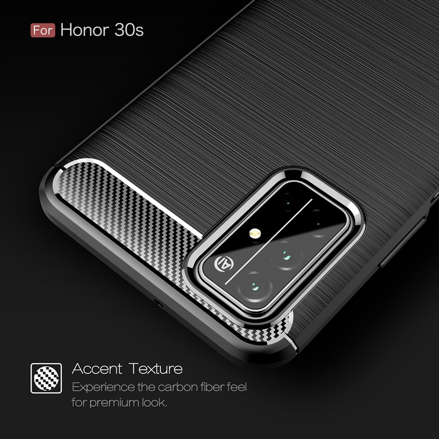 Schwarze Handyhülle mit Karbonfaser-Textur, entworfen für Honor 30s.