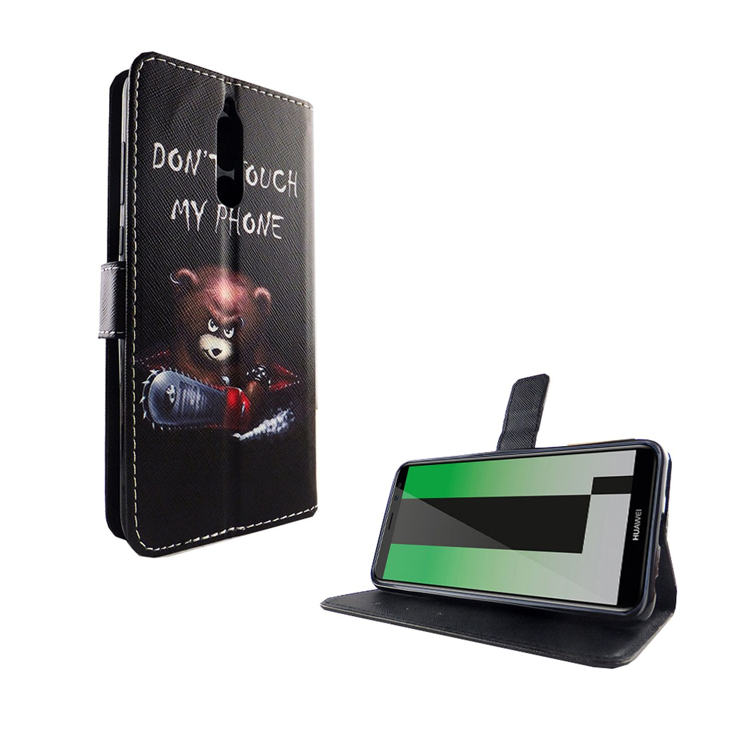 Schwarze Handyhülle mit Bärenmuster. Das Telefon hat einen grünen Bildschirm.