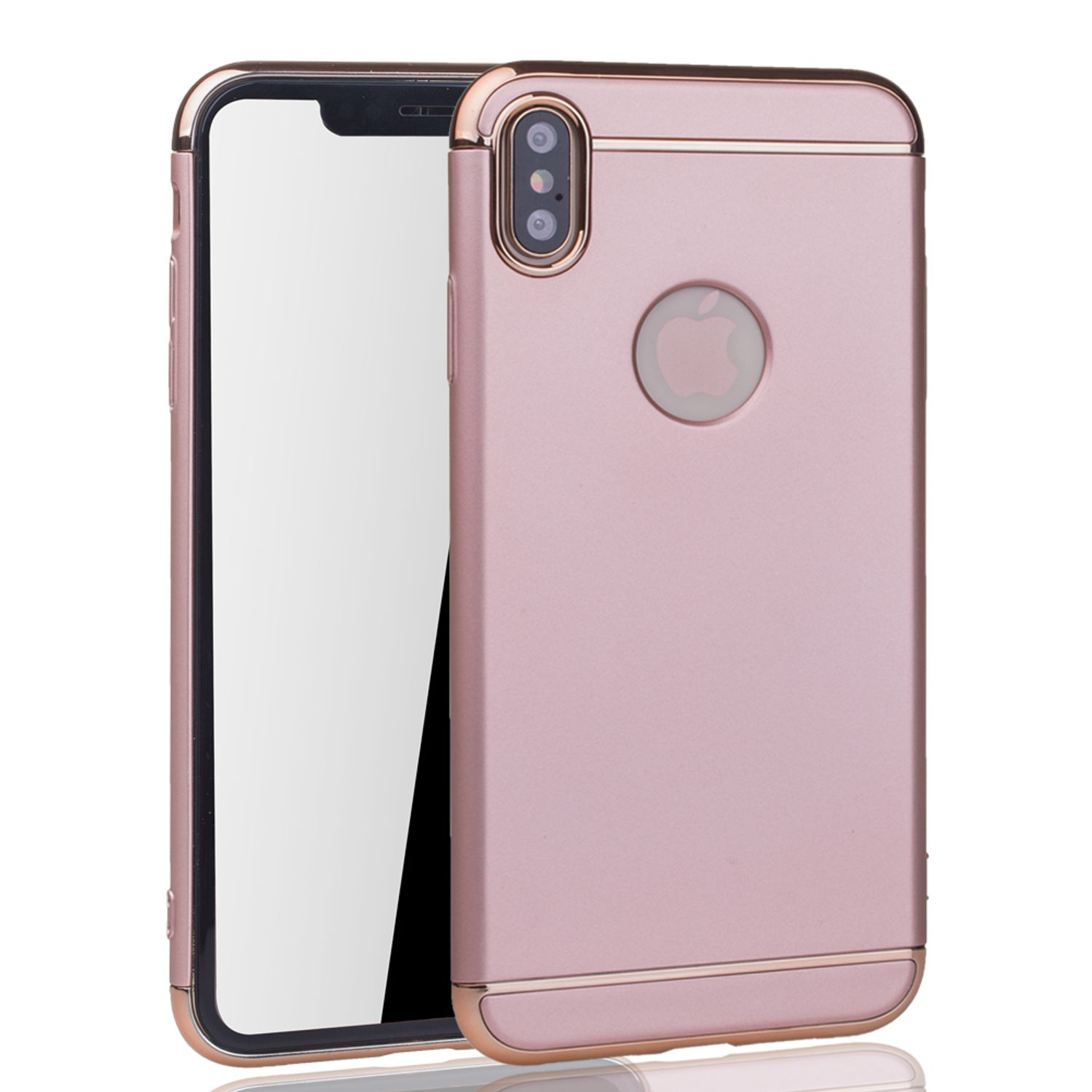 Roségoldene Handyhülle mit Metallrahmen und schwarzem Bildschirm.