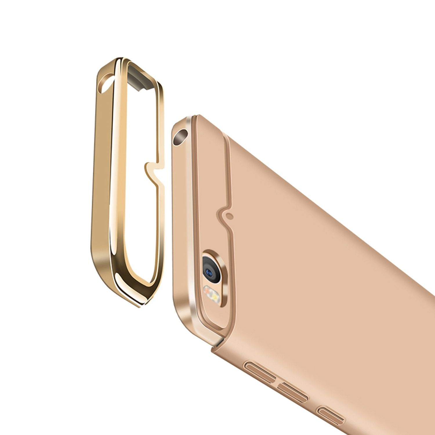 Goldfarbene Handyhülle mit Telefon und separatem Rahmen.