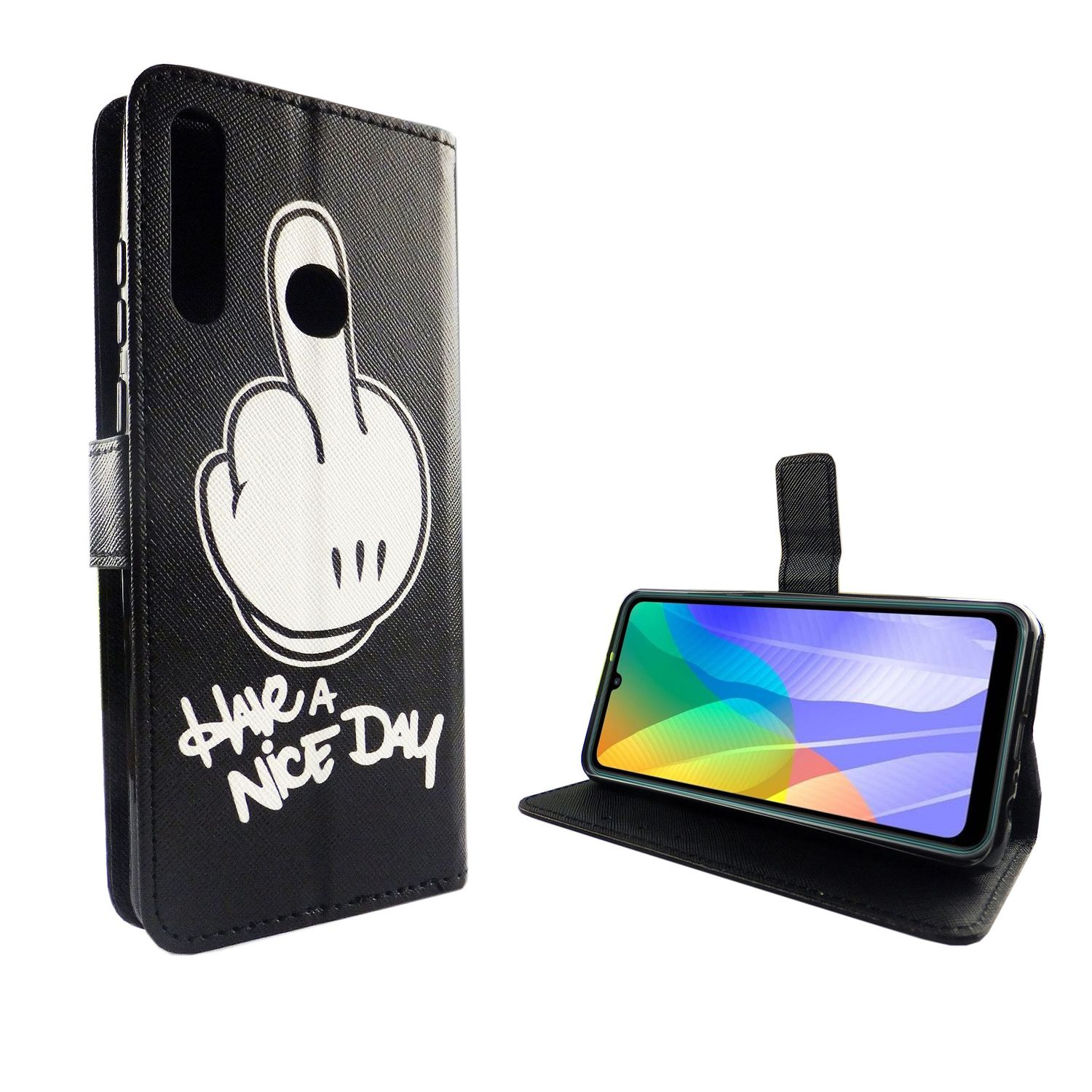 Schwarze Handyhülle mit Mittelfinger-Design und Text, geöffnet mit Telefon.