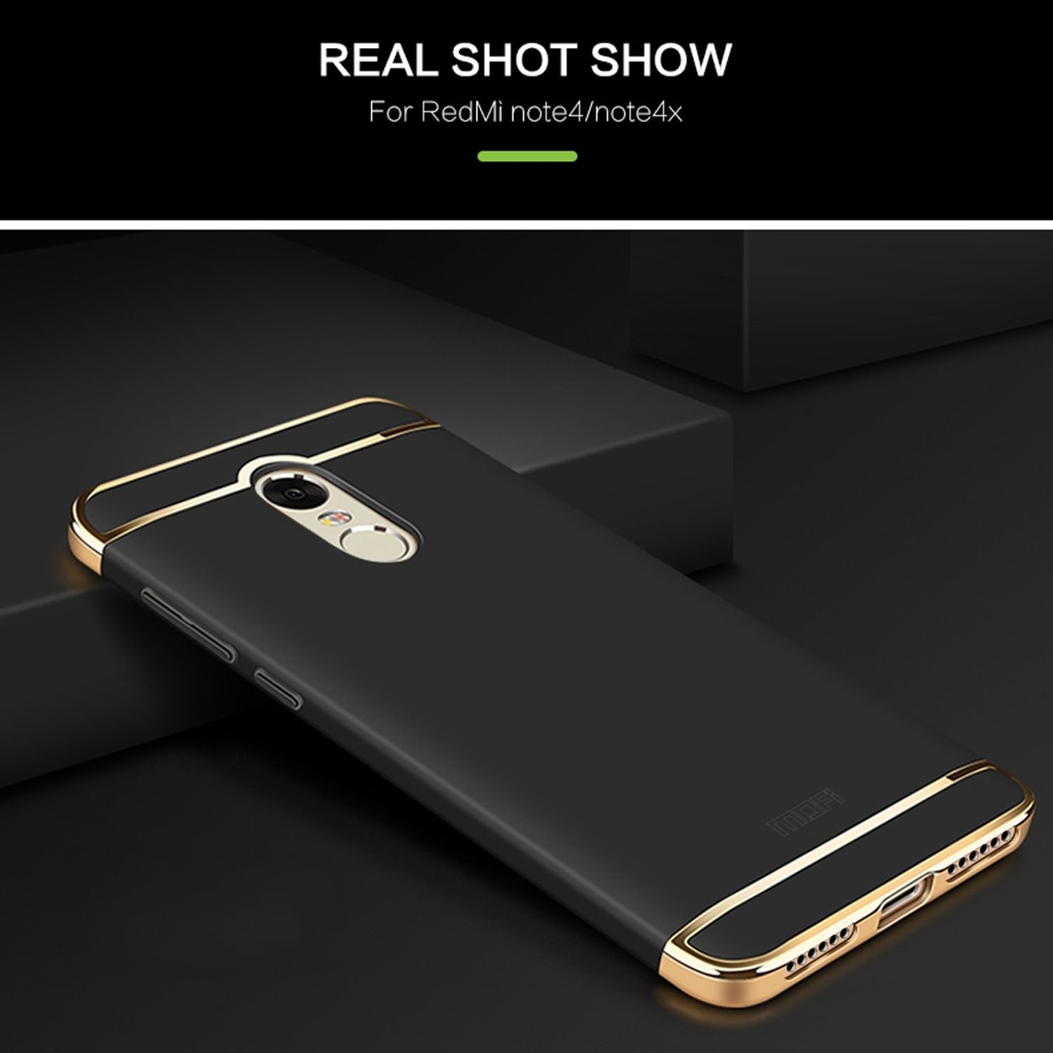 Schwarze Handyhülle mit goldenen Akzenten und schwarzem Hintergrund. Text: Real Shot Show.