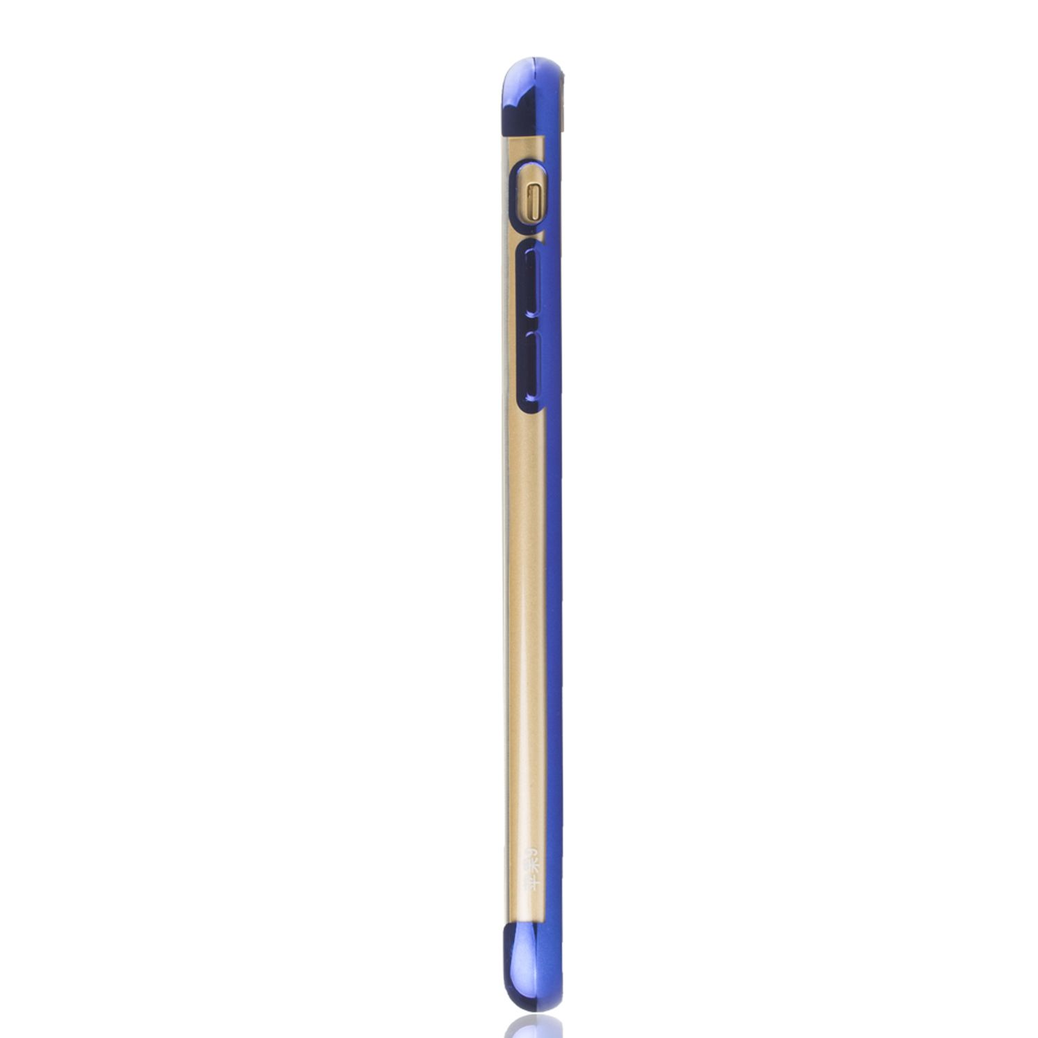 Eine Seitenansicht einer gold-blauen Handyhülle, mit Knöpfen.