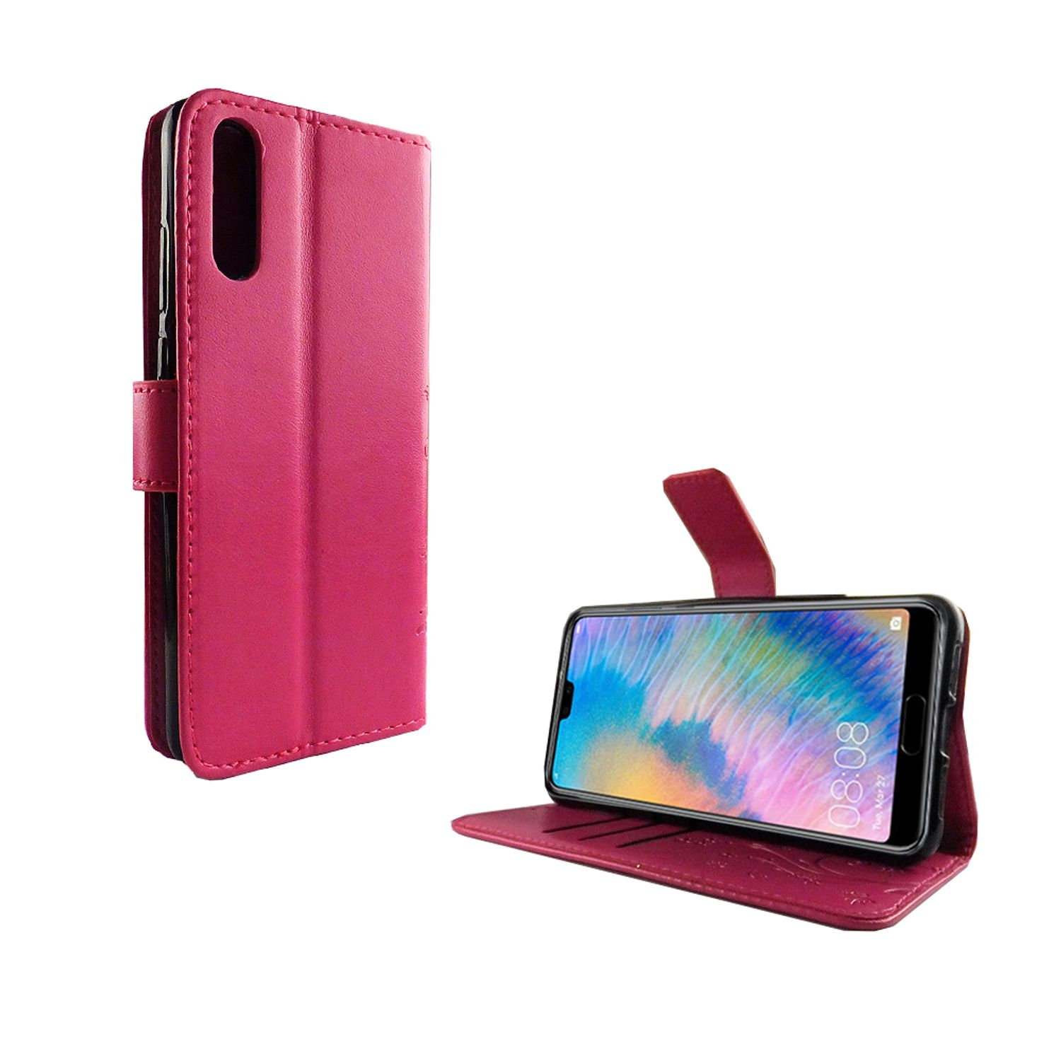 Rosa Handyhülle, mit Telefon darin. Telefon liegt rechts. Weißer Hintergrund.