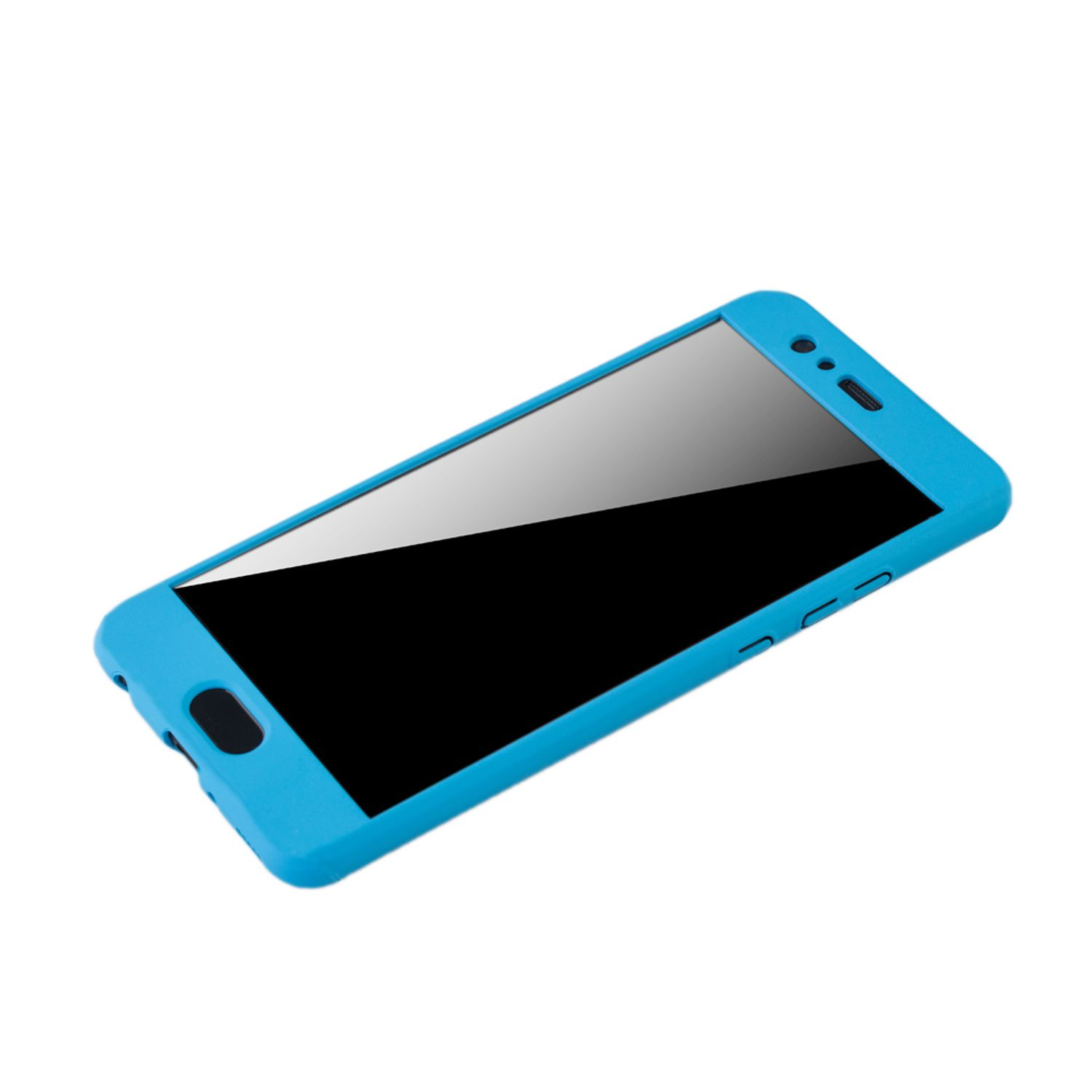 Blaue Handyhülle. Schwarzer Bildschirm. Telefon ist leicht angewinkelt.