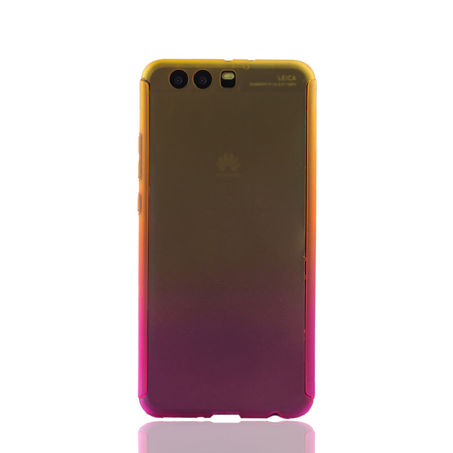 Ein Telefon mit einer bunten Hülle, Farbverlauf von Gelb nach Rosa, auf weißem Hintergrund.