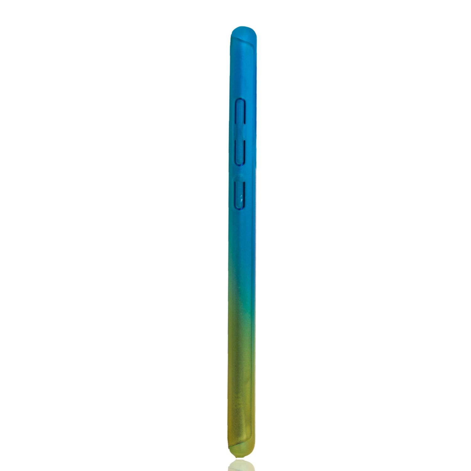 Blaue und gelbe Telefon-Seitenansicht, weißer Hintergrund.
