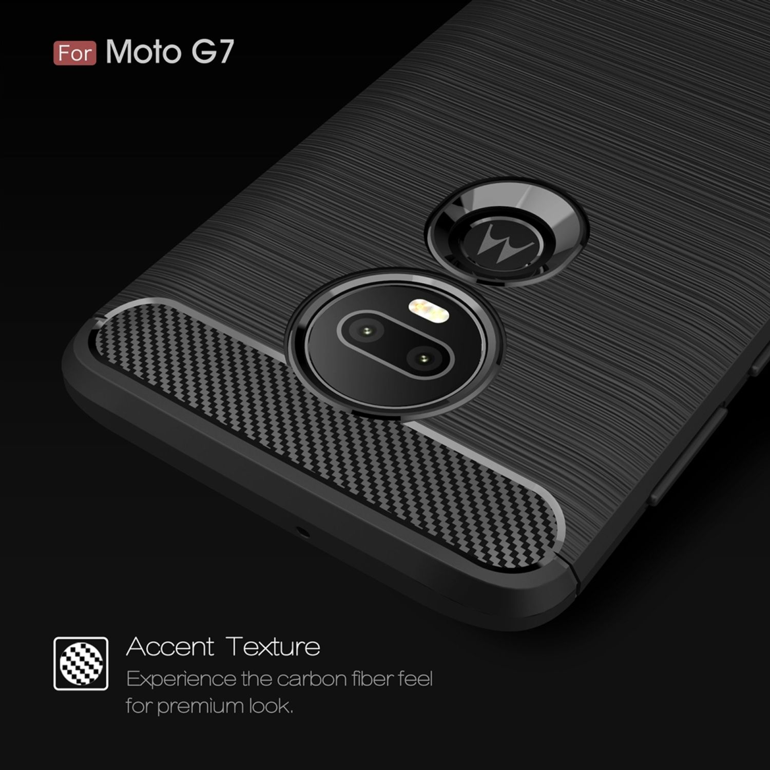 Schwarze Handyhülle für Moto G7. Mit Kameraaussparung und strukturiertem Design.