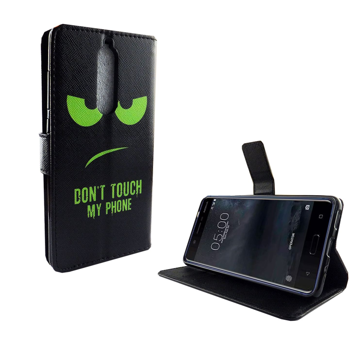 Schwarze Handyhülle geöffnet, mit Telefon. Text: Don't Touch My Phone. Weißer Hintergrund.