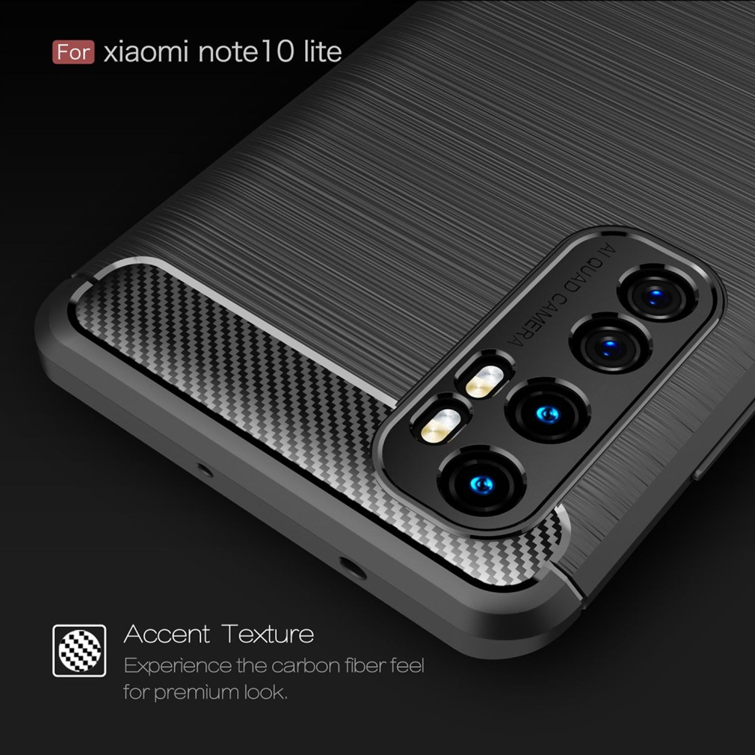 Handyhülle für Xiaomi. Strukturierte schwarze Rückseite mit Kameraausschnitt und Text.