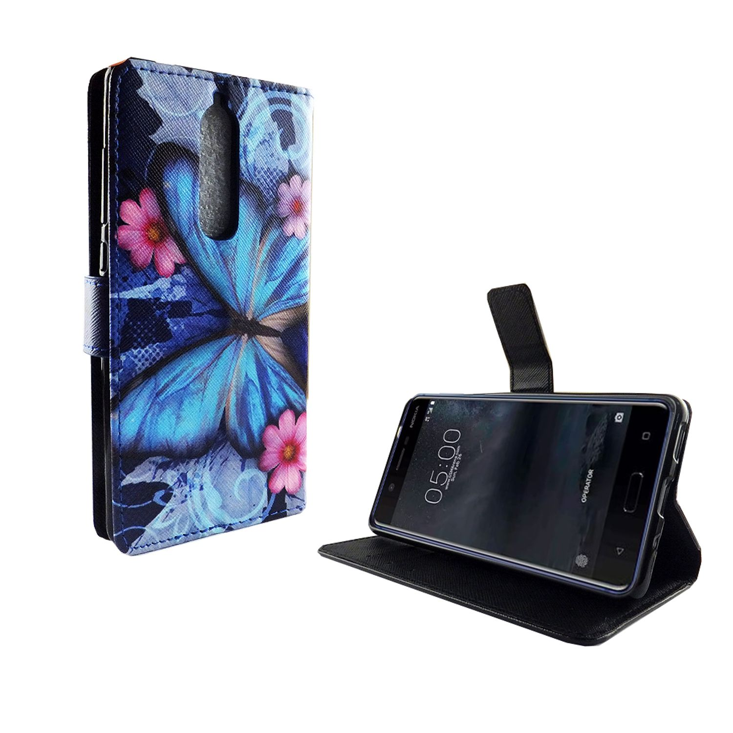 Geöffnete blaue Schmetterling-Handyhülle, Telefon innen. Rosa Blumen auf der Hülle, schwarzer Bildschirm. Weißer Hintergrund.