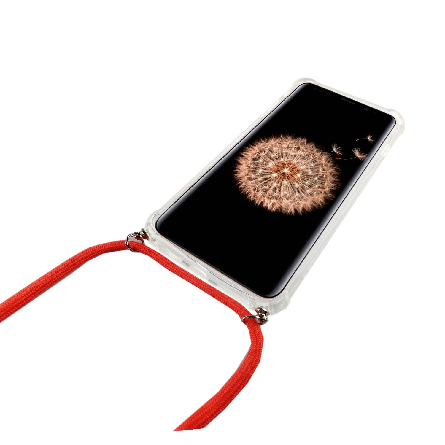 Telefon mit rotem Riemen. Pusteblumen-Bild auf dem Bildschirm. Weißer Hintergrund.