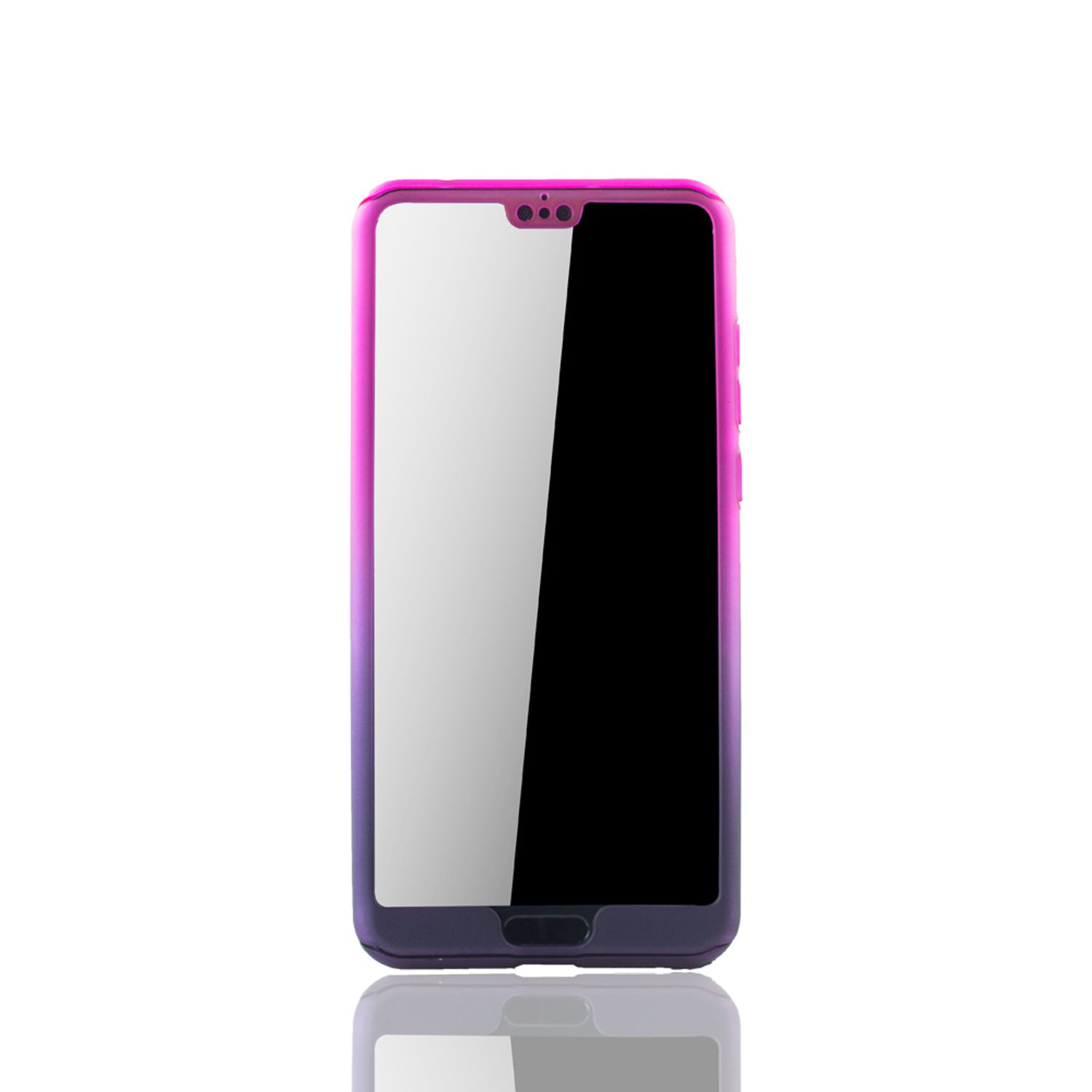 Telefon mit pink-lila Farbverlauf-Hülle und schwarzem Display auf weißem Grund.